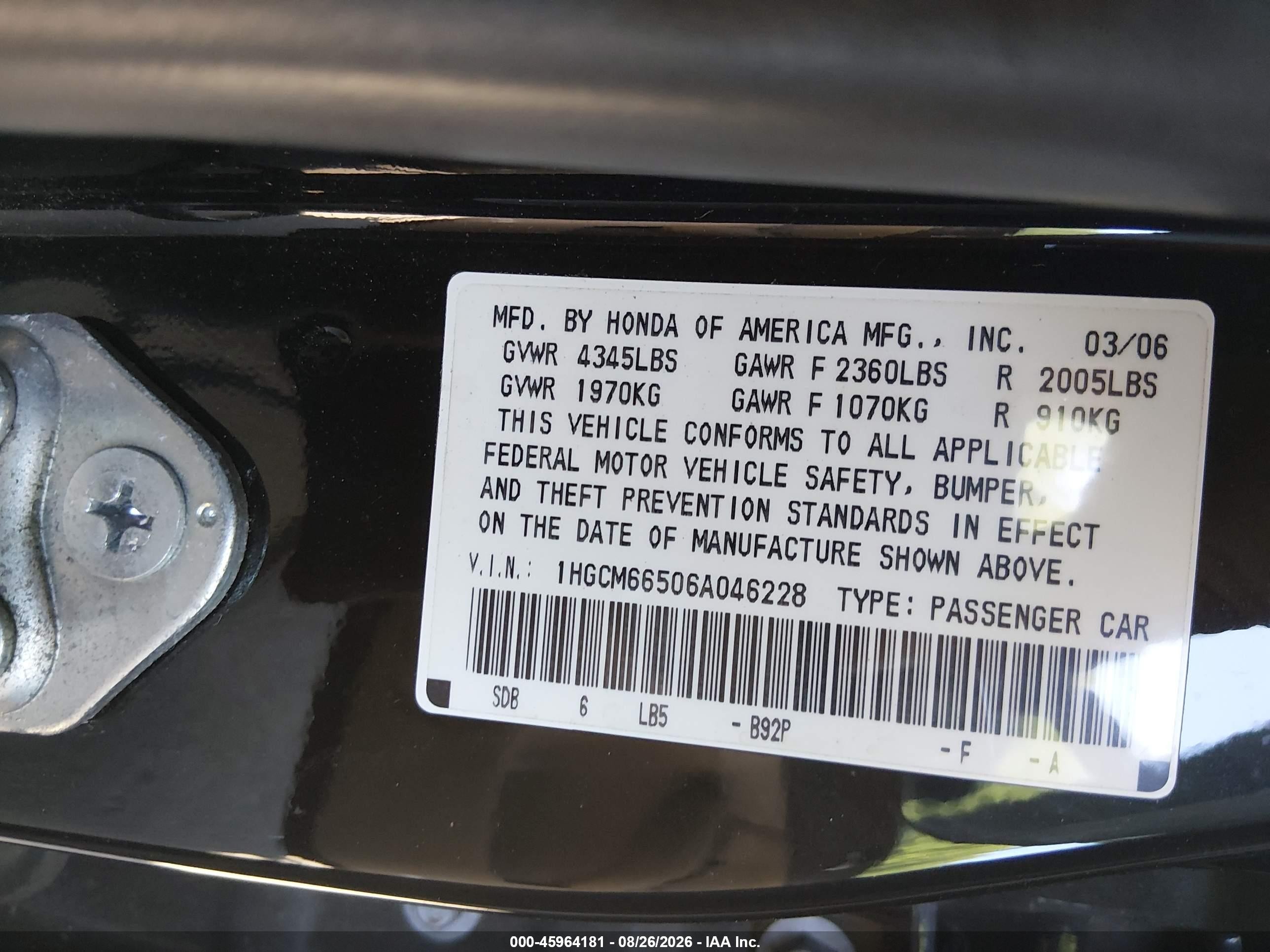 2006 Honda Accord 3.0 Ex Black vin: 1HGCM66506A046228