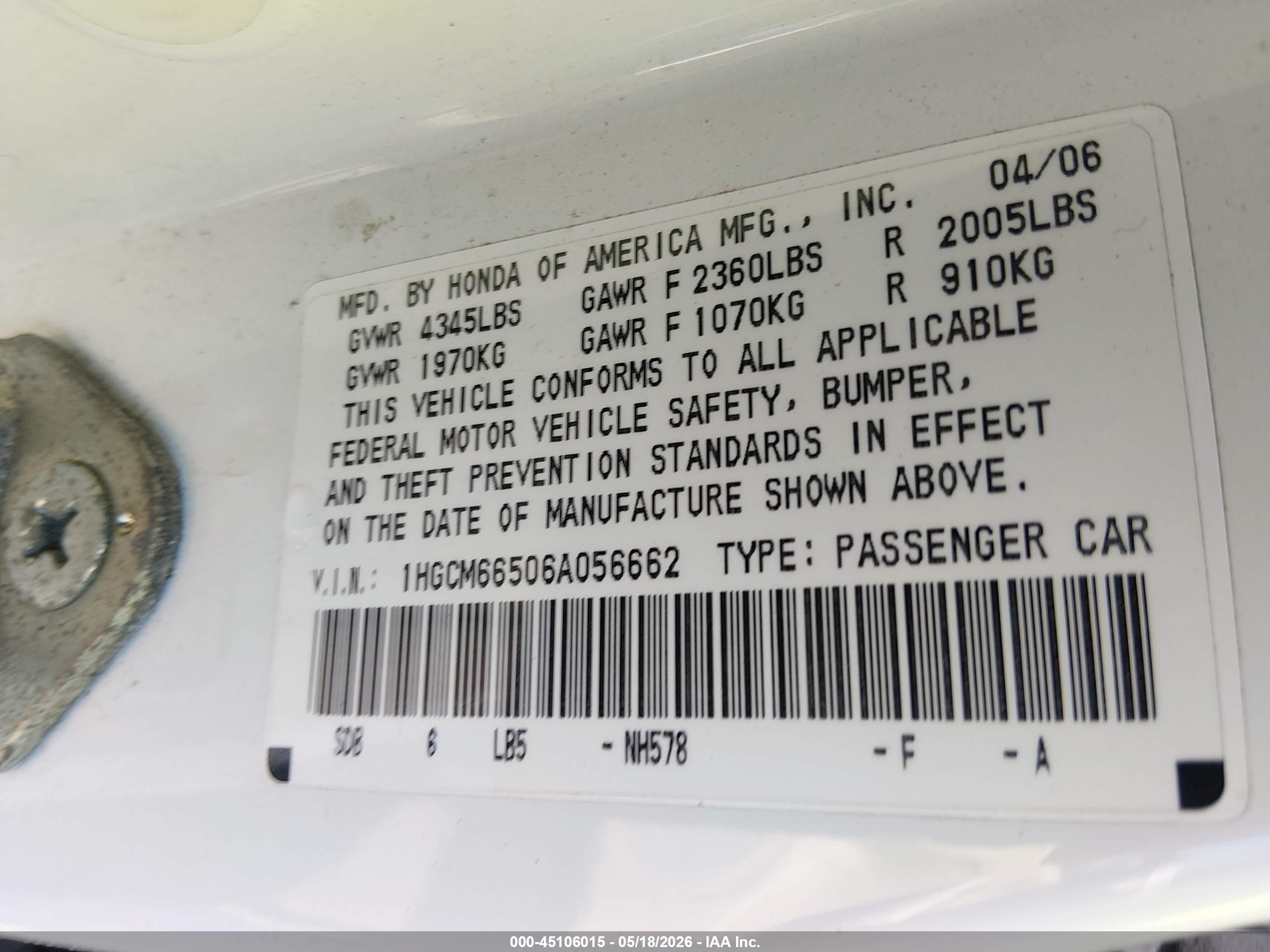 2006 Honda Accord 3.0 Ex White vin: 1HGCM66506A056662
