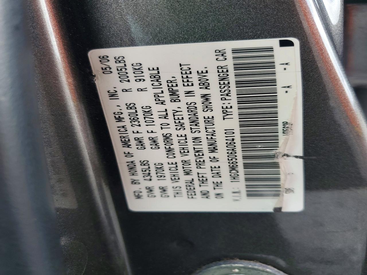 2006 Honda Accord Gray vin: 1HGCM66506A064101