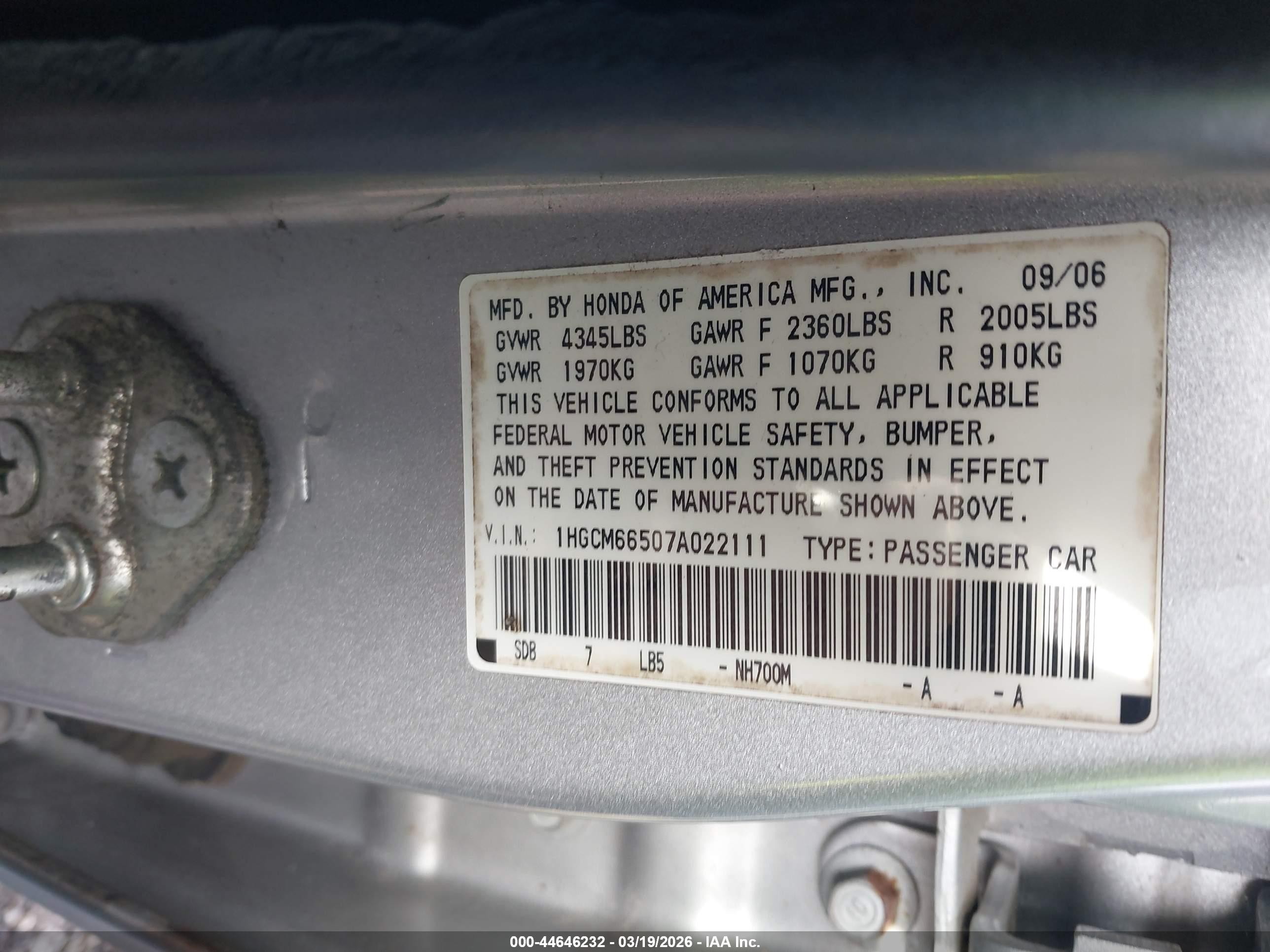 2007 Honda Accord 3.0 Ex Silver vin: 1HGCM66507A022111
