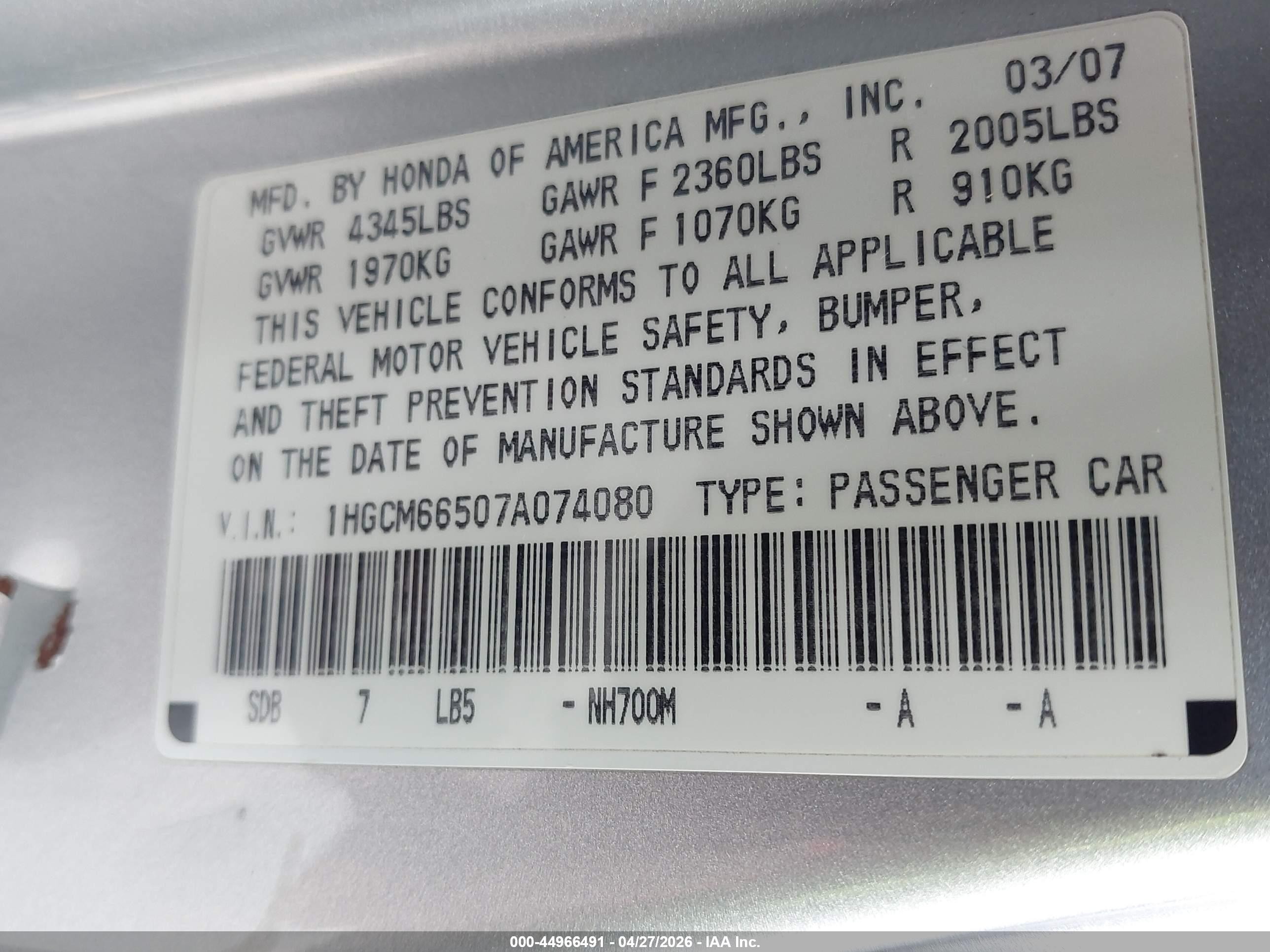 2007 Honda Accord 3.0 Ex Silver vin: 1HGCM66507A074080