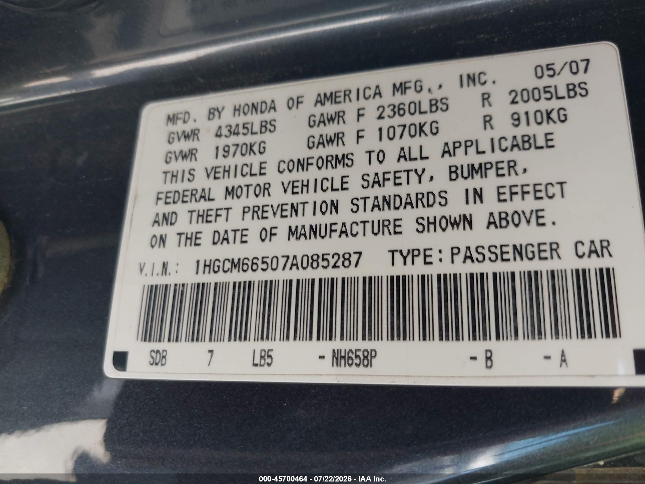 2007 Honda Accord 3.0 Ex Gray vin: 1HGCM66507A085287