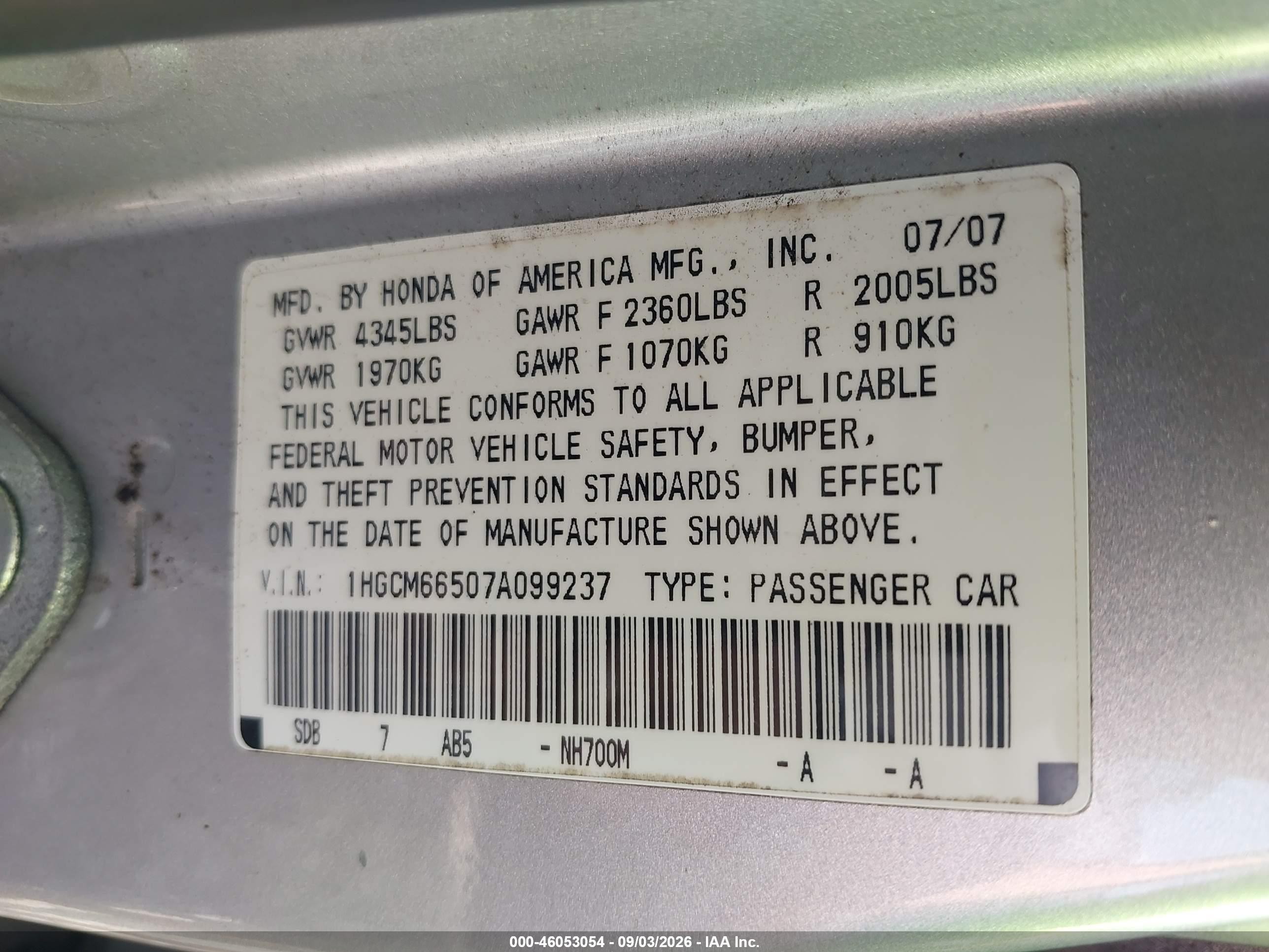 2007 Honda Accord 3.0 Ex Silver vin: 1HGCM66507A099237