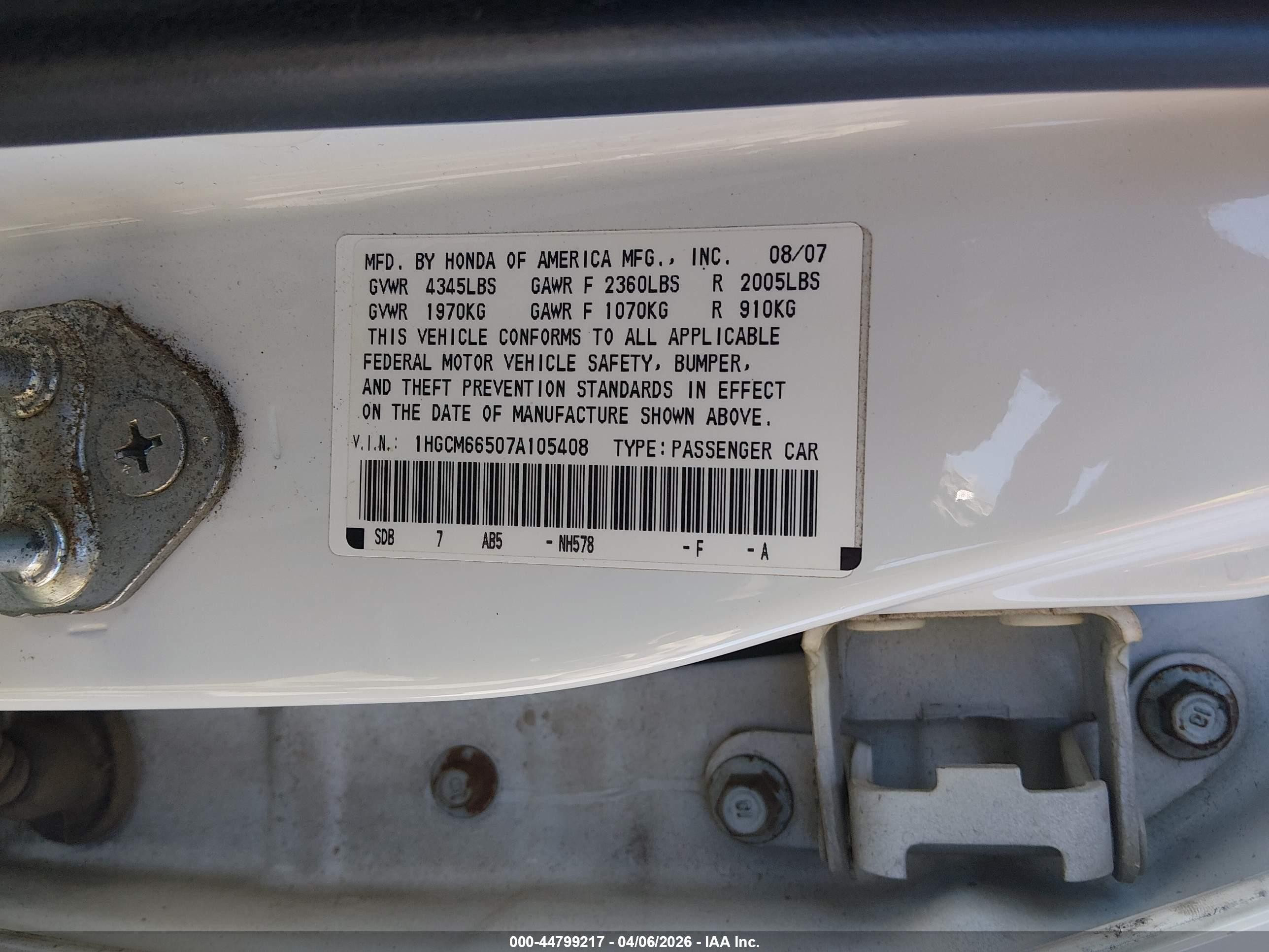 2007 Honda Accord 3.0 Ex White vin: 1HGCM66507A105408