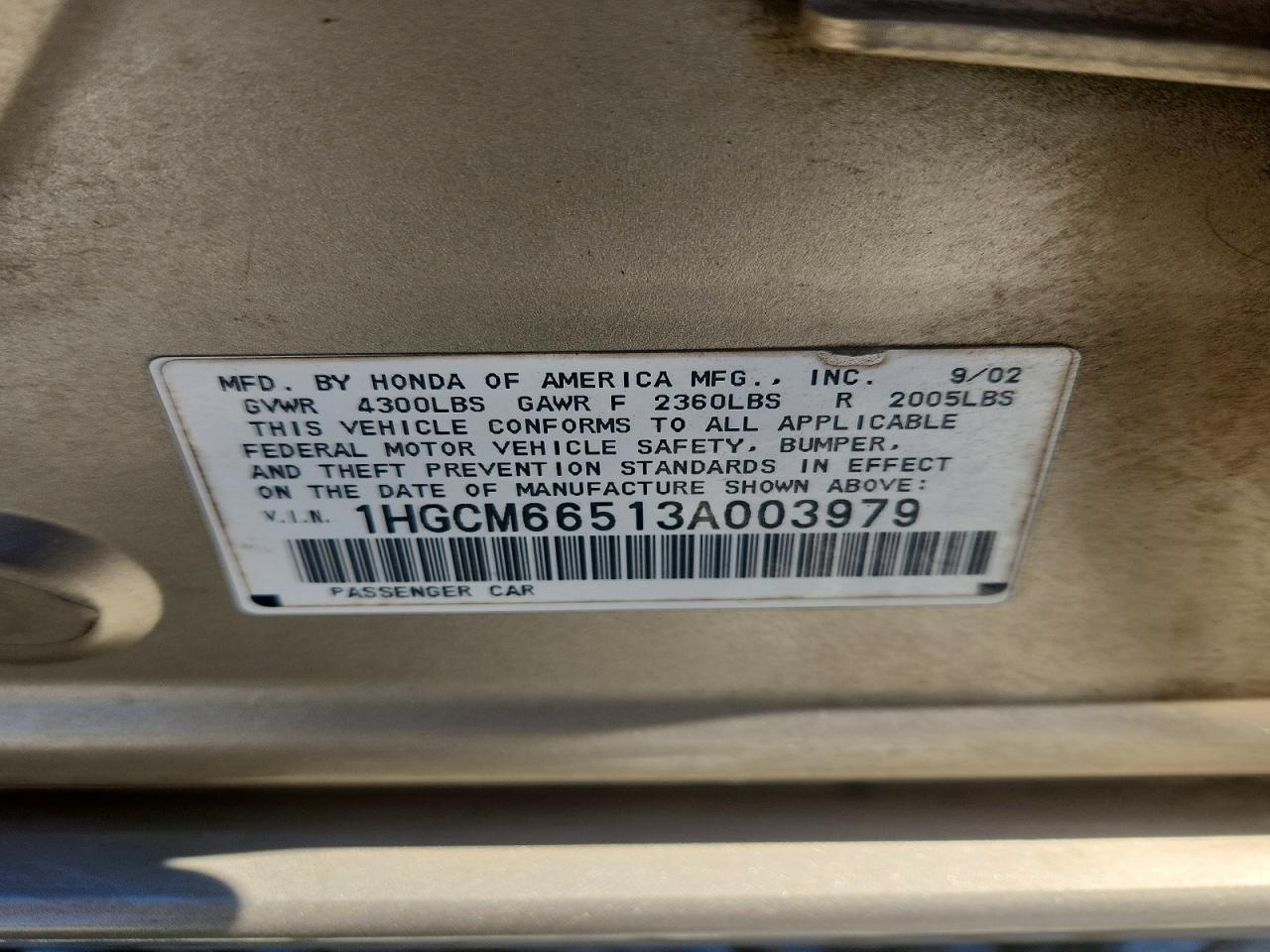 2003 Honda Accord Ex Cream vin: 1HGCM66513A003979