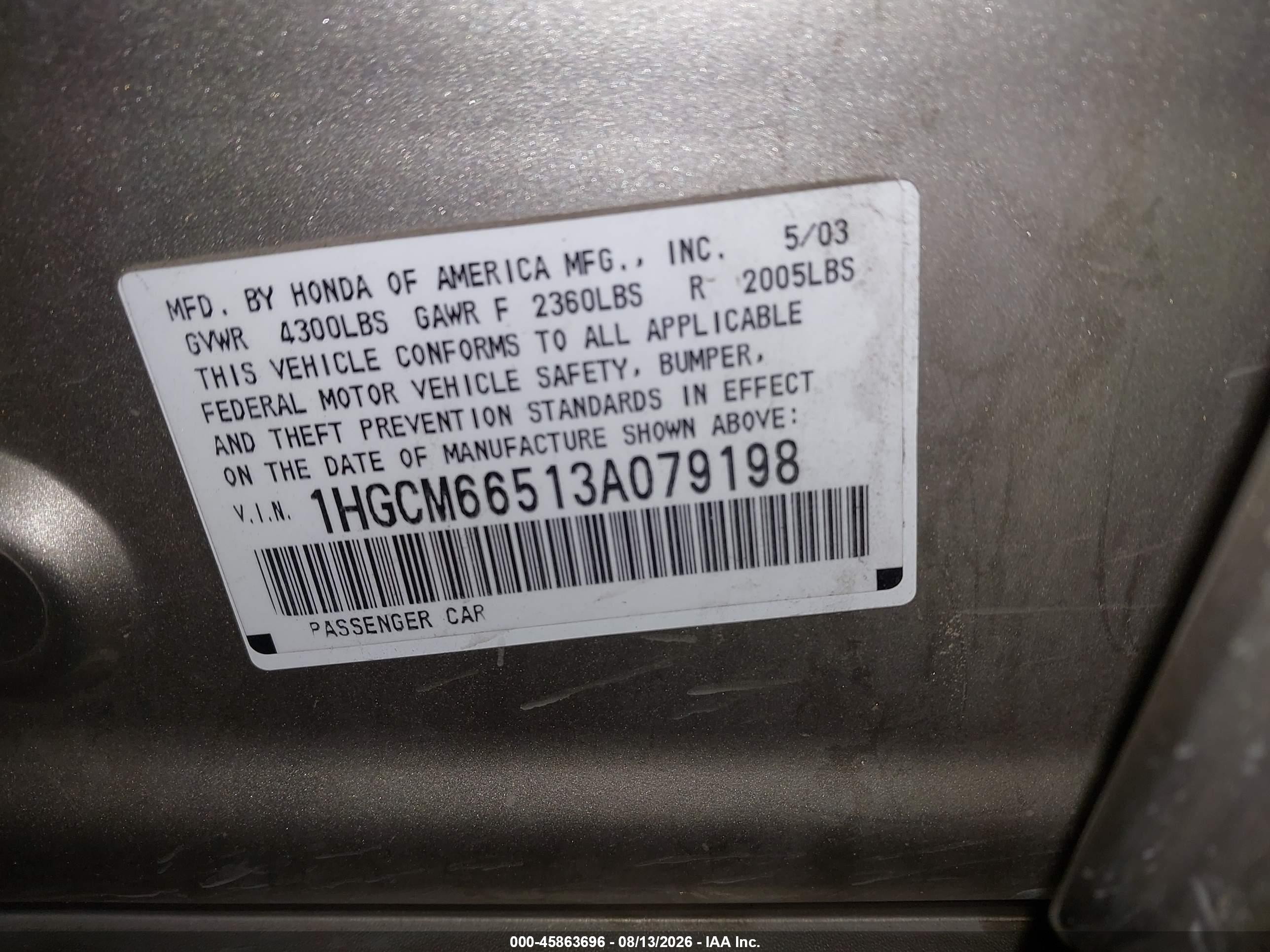 2003 Honda Accord 3.0 Ex Brown vin: 1HGCM66513A079198