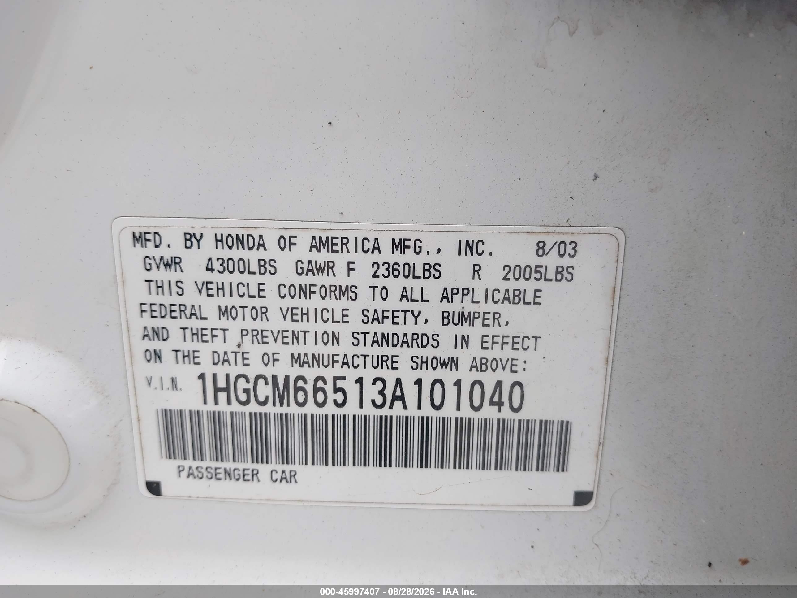 2003 Honda Accord 3.0 Ex White vin: 1HGCM66513A101040