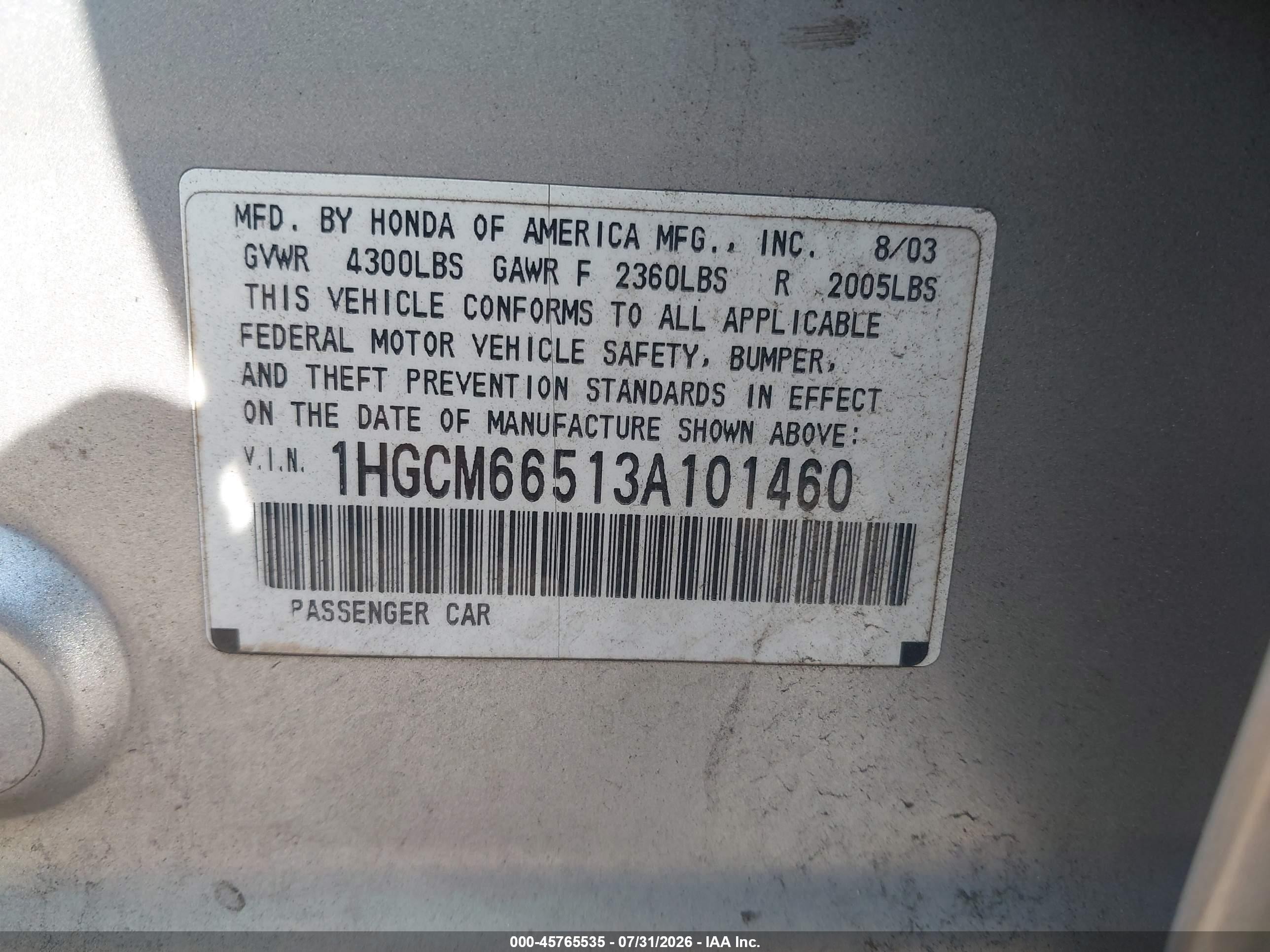2003 Honda Accord 3.0 Ex Серебряный vin: 1HGCM66513A101460