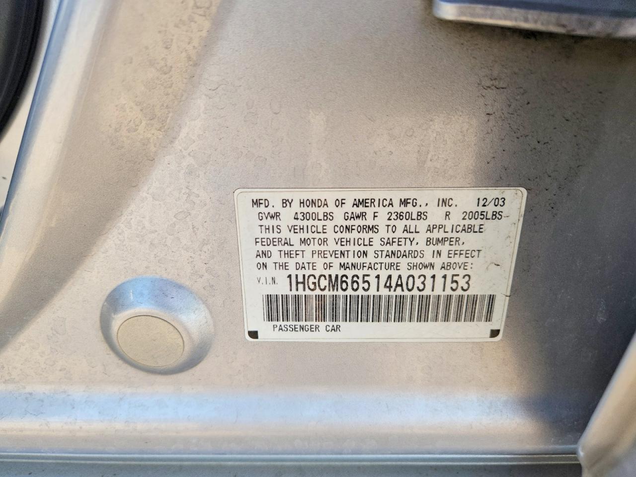 2004 Honda Accord Ex Серебряный vin: 1HGCM66514A031153