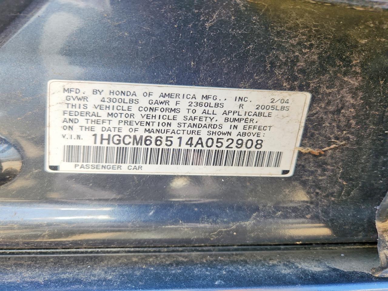 2004 Honda Accord Gray vin: 1HGCM66514A052908