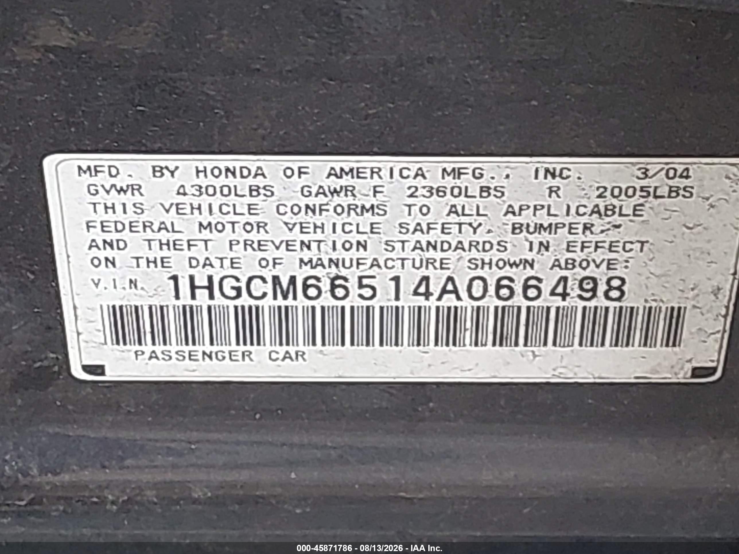 2004 Honda Accord 3.0 Ex Gray vin: 1HGCM66514A066498