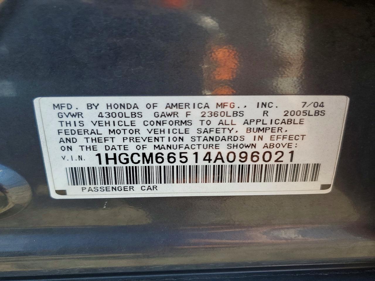 2004 Honda Accord Ex Blue vin: 1HGCM66514A096021