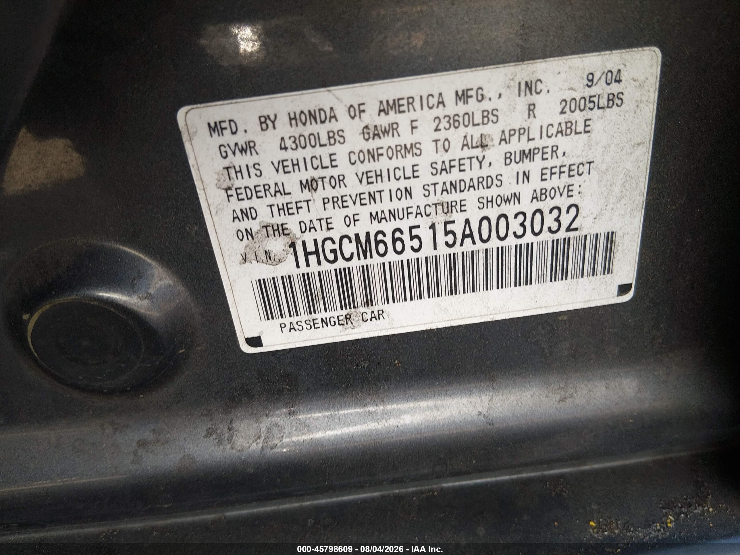 2005 Honda Accord 3.0 Ex Gray vin: 1HGCM66515A003032