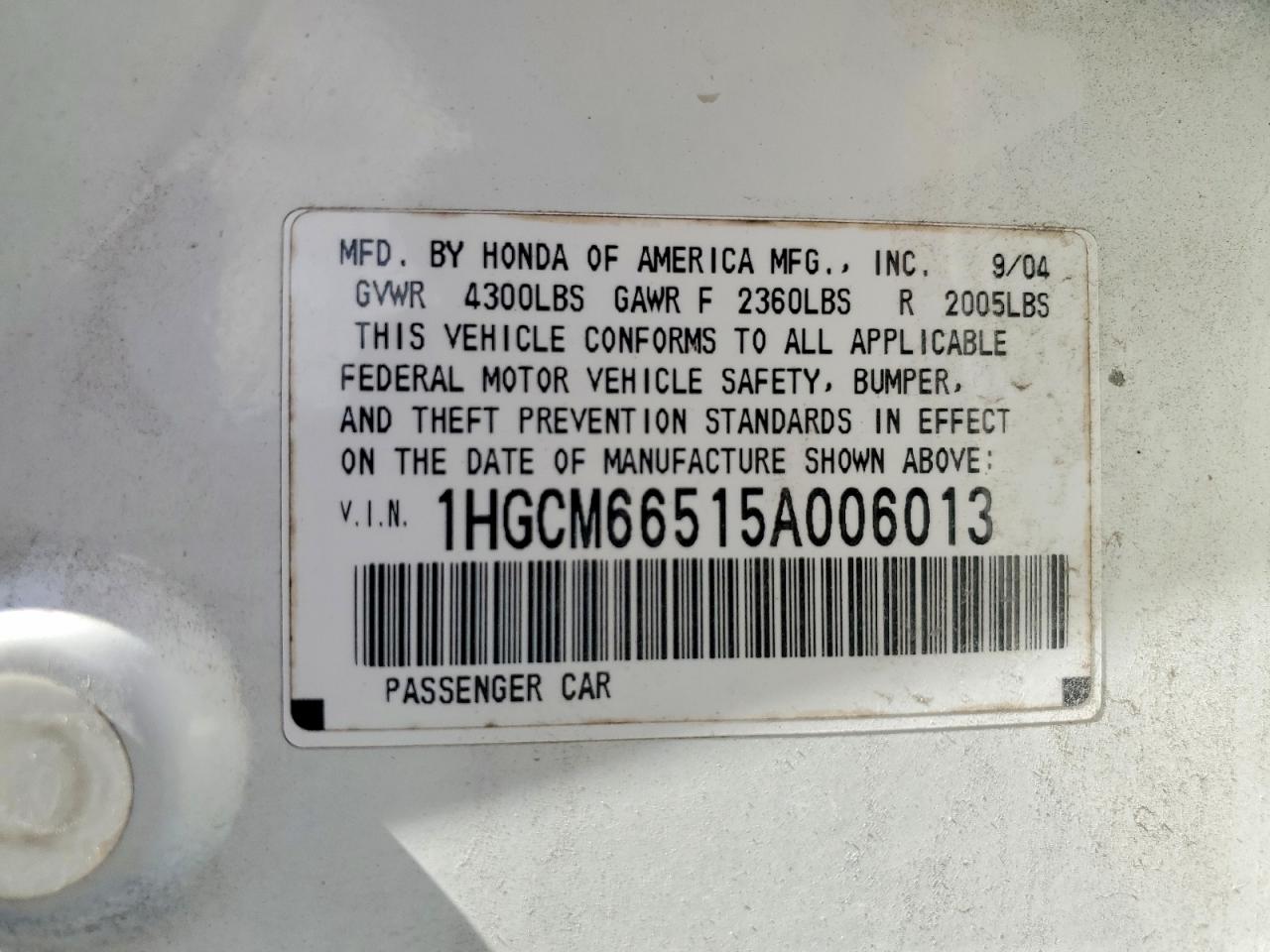 2005 Honda Accord Lx White vin: 1HGCM66515A006013