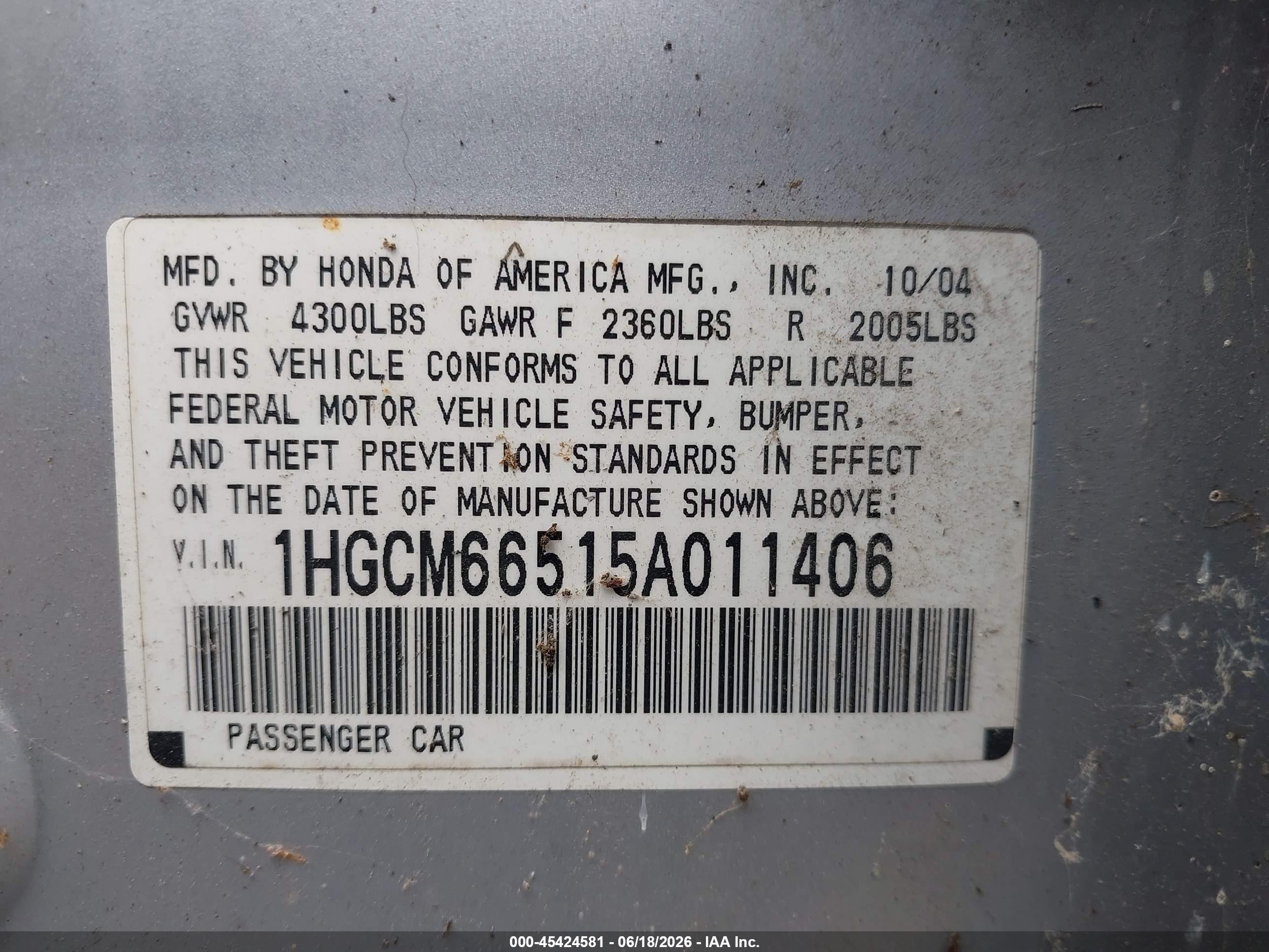 2005 Honda Accord 3.0 Ex Silver vin: 1HGCM66515A011406