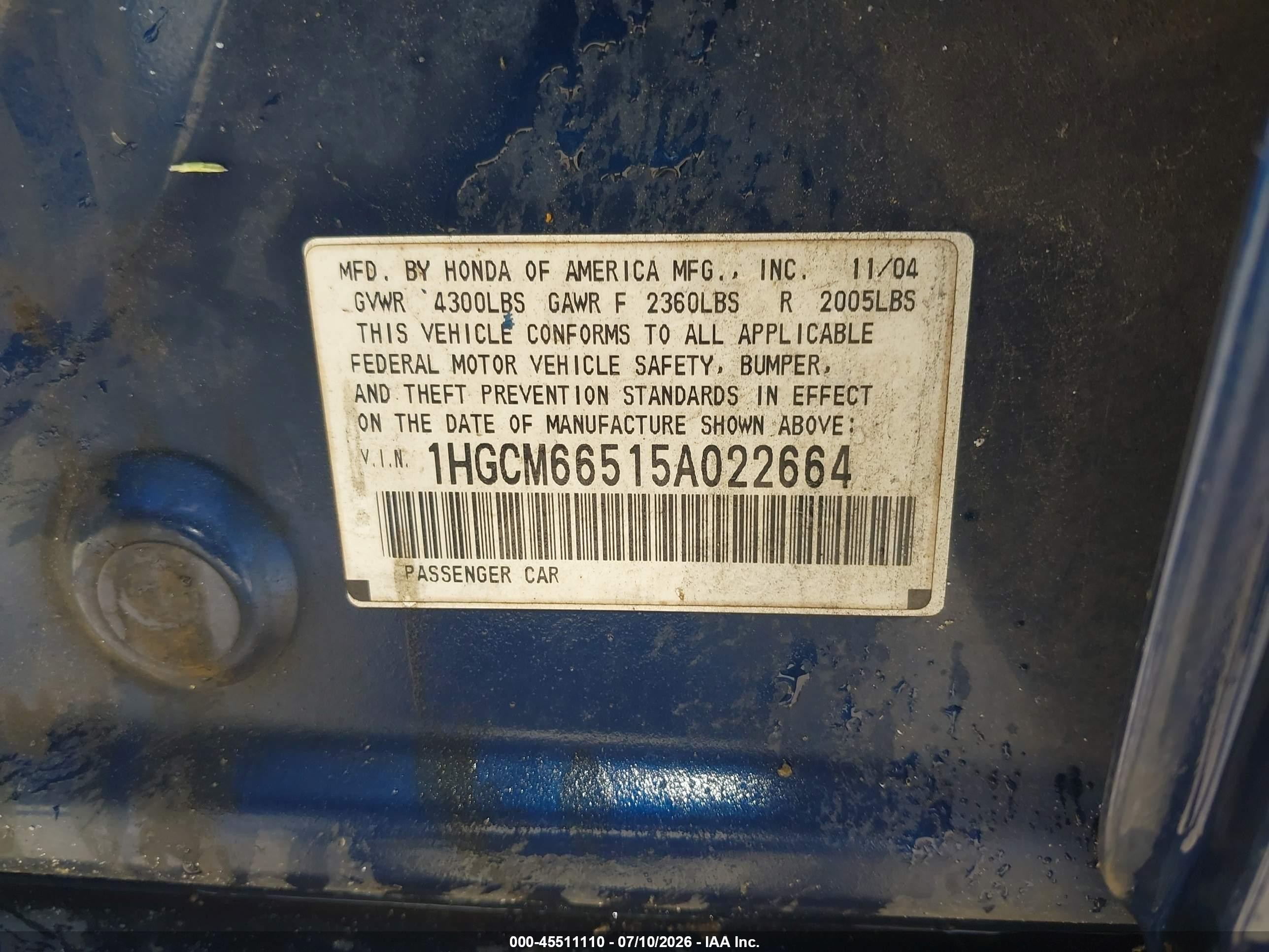 2005 Honda Accord 3.0 Ex Blue vin: 1HGCM66515A022664