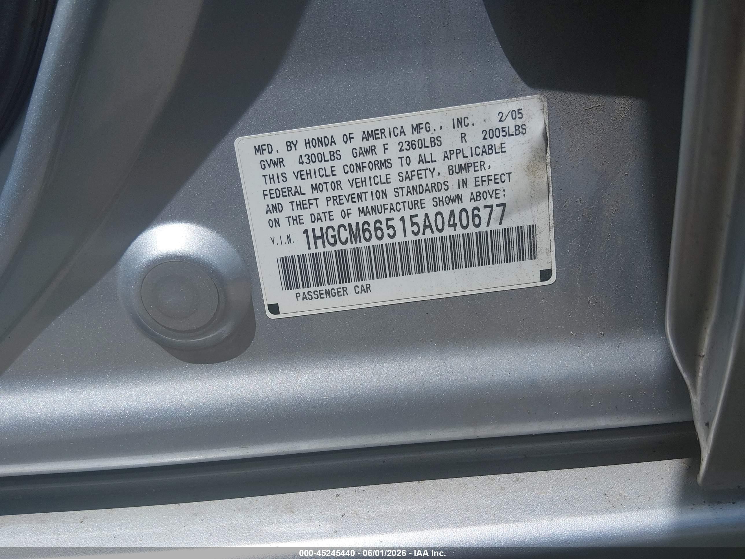 2005 Honda Accord 3.0 Ex Серебряный vin: 1HGCM66515A040677