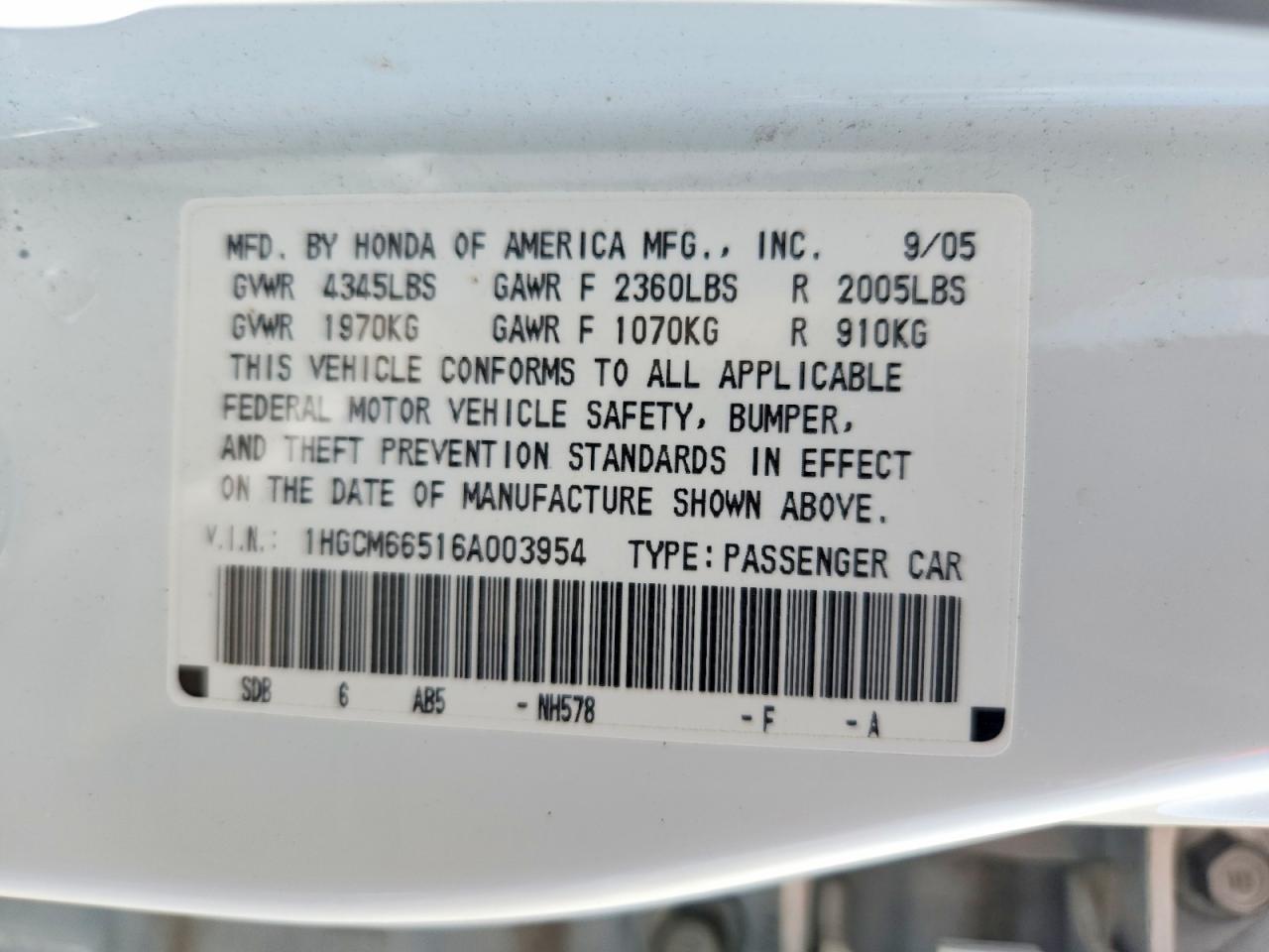 2006 Honda Accord Ex White vin: 1HGCM66516A003954