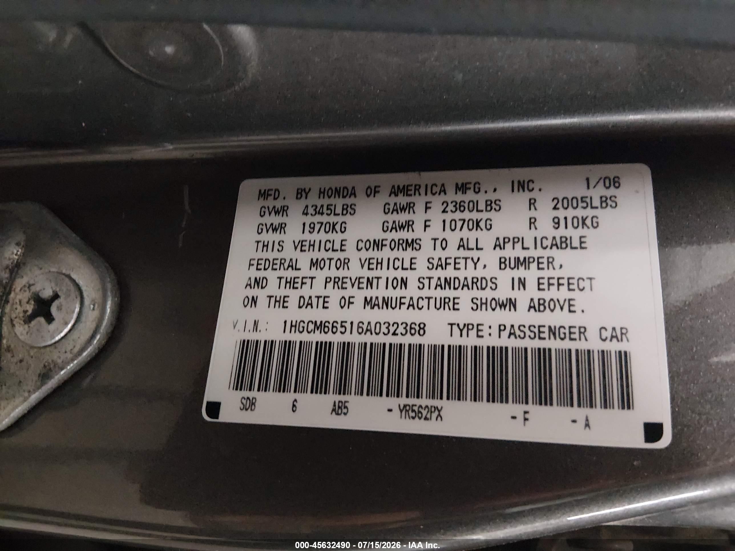 2006 Honda Accord 3.0 Ex Серый vin: 1HGCM66516A032368