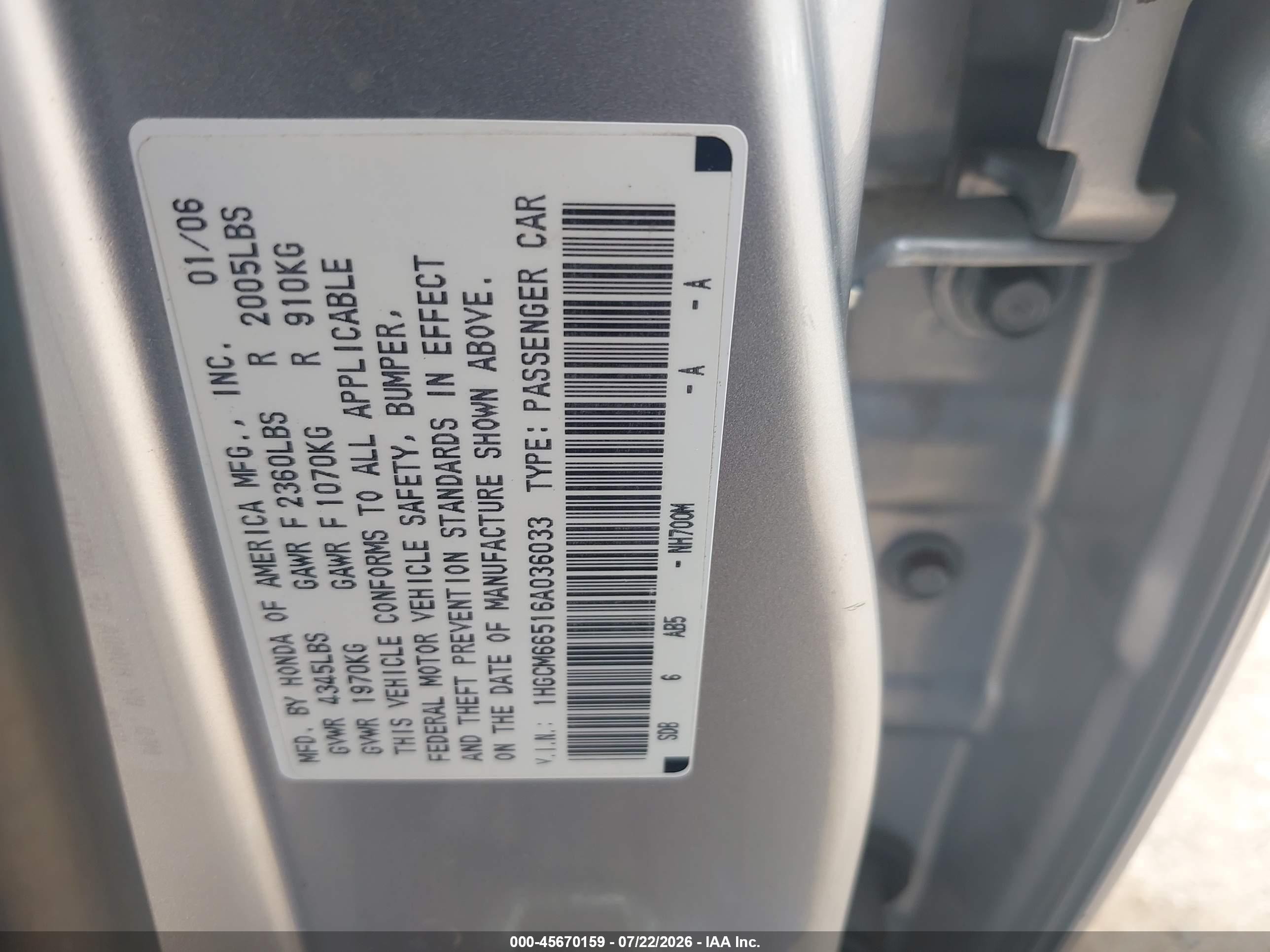 2006 Honda Accord 3.0 Ex Silver vin: 1HGCM66516A036033