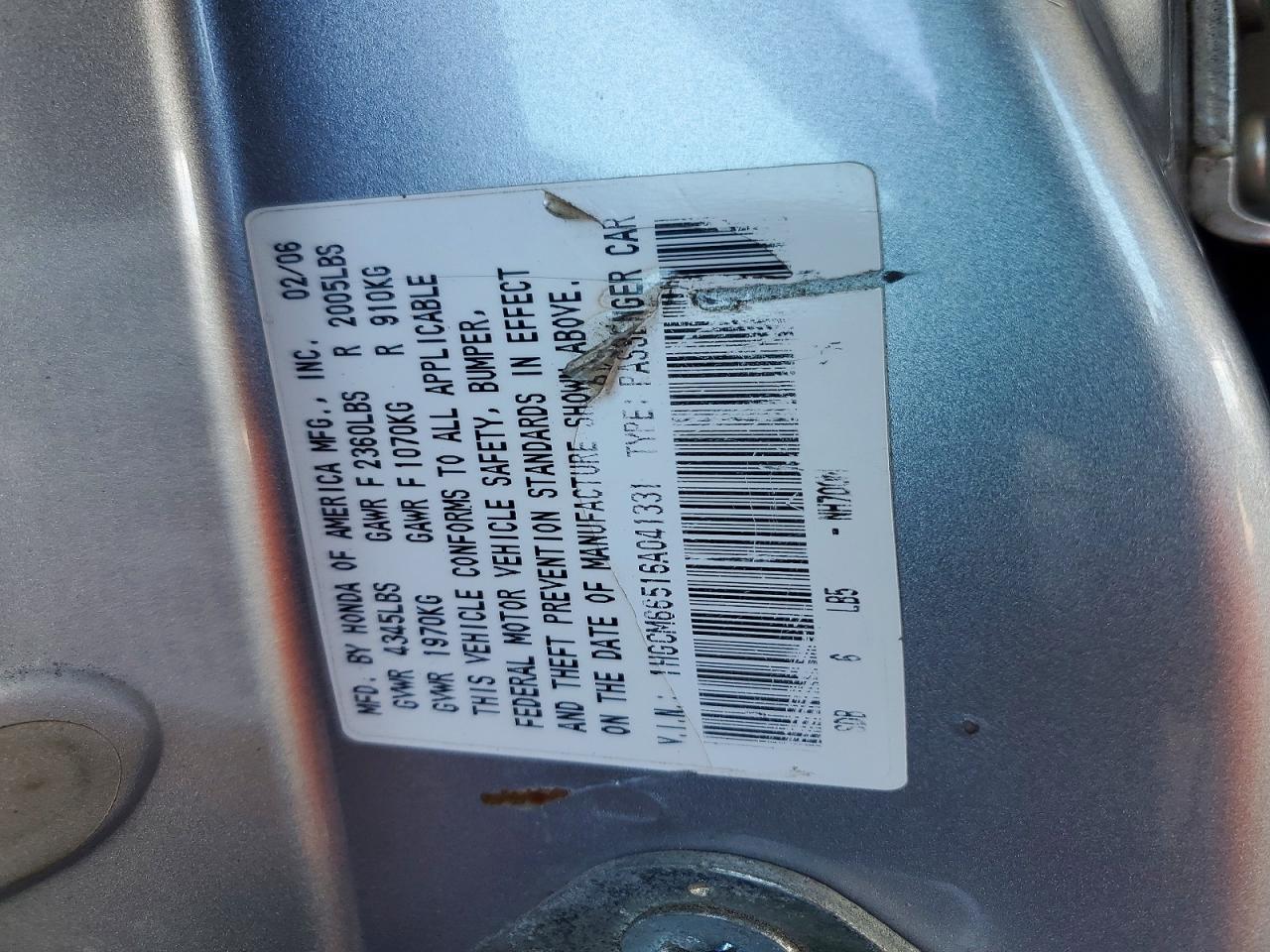 2006 Honda Accord Ex Silver vin: 1HGCM66516A041331