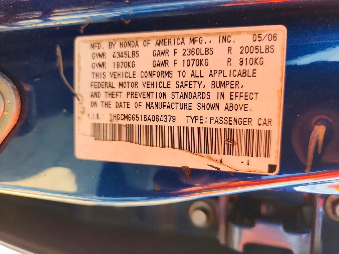 2006 Honda Accord Ex Blue vin: 1HGCM66516A064379