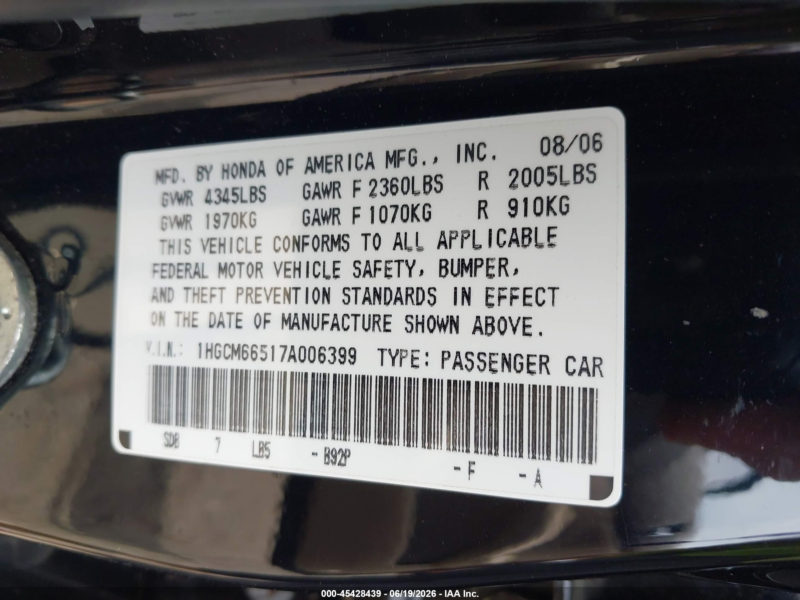 2007 Honda Accord 3.0 Ex Black vin: 1HGCM66517A006399