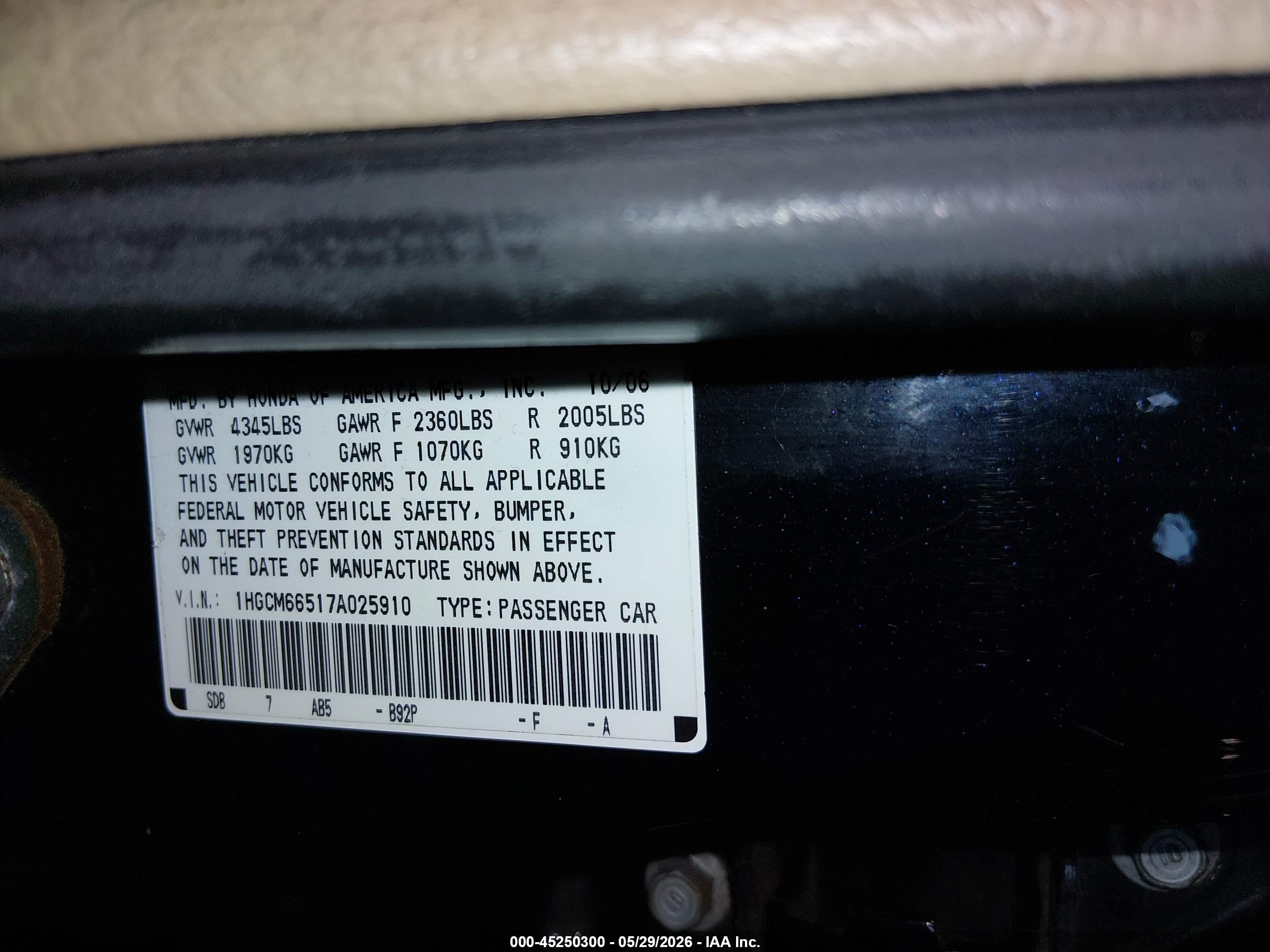 2007 Honda Accord 3.0 Ex Black vin: 1HGCM66517A025910