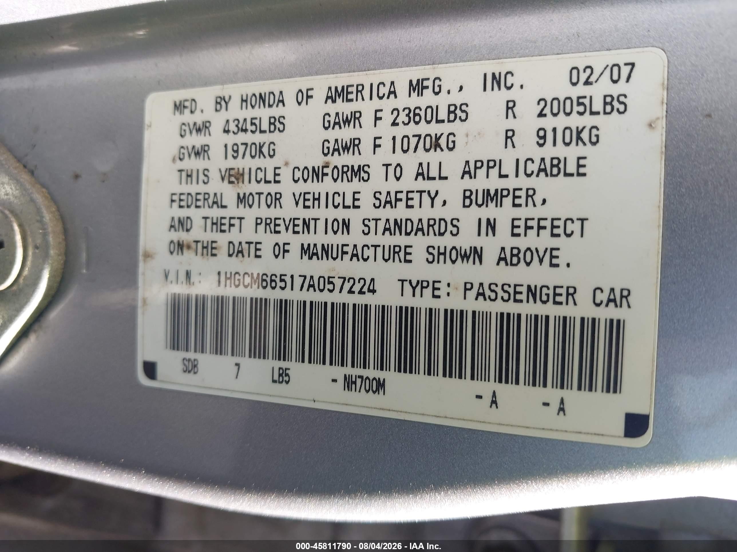 2007 Honda Accord 3.0 Ex Silver vin: 1HGCM66517A057224