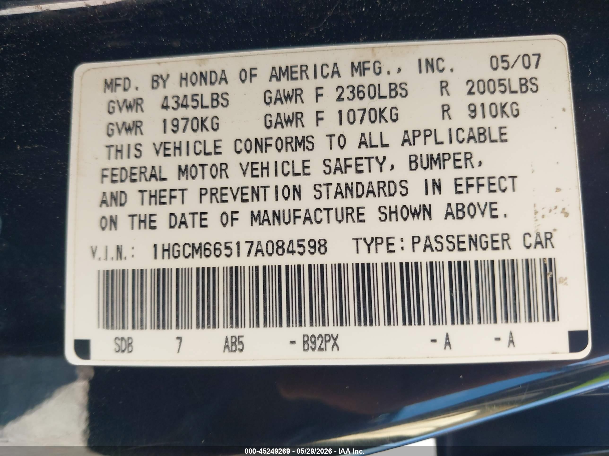 2007 Honda Accord 3.0 Ex Black vin: 1HGCM66517A084598