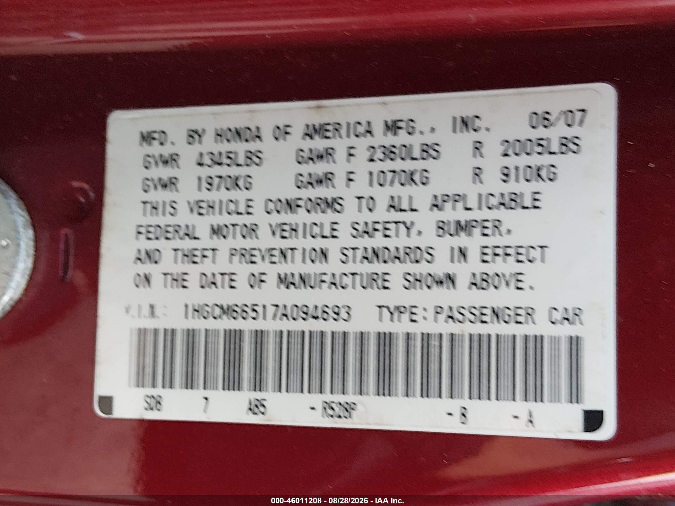 2007 Honda Accord 3.0 Ex Burgundy vin: 1HGCM66517A094693
