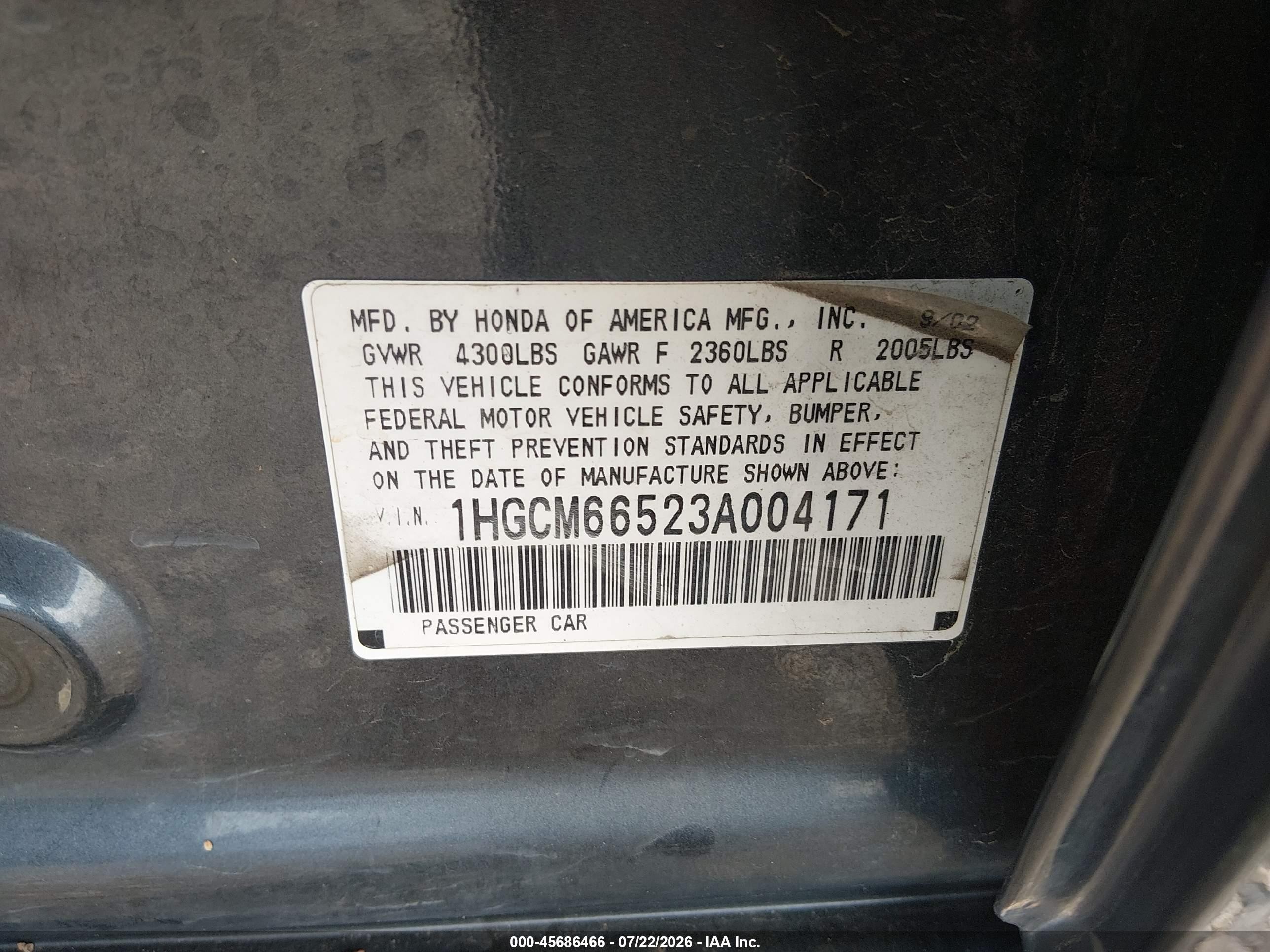 2003 Honda Accord Sdn Ex Gray vin: 1HGCM66523A004171