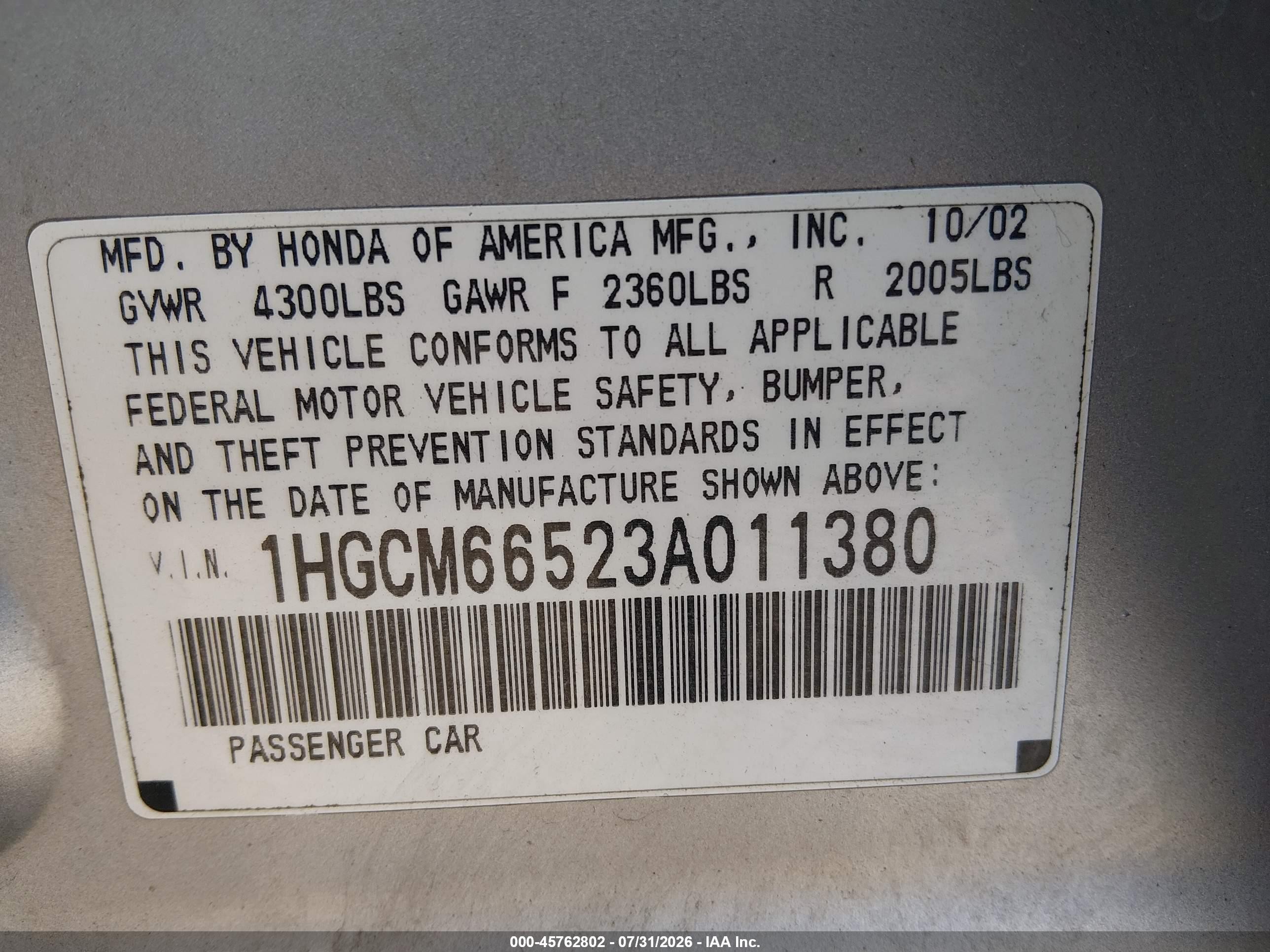 2003 Honda Accord 3.0 Ex Silver vin: 1HGCM66523A011380