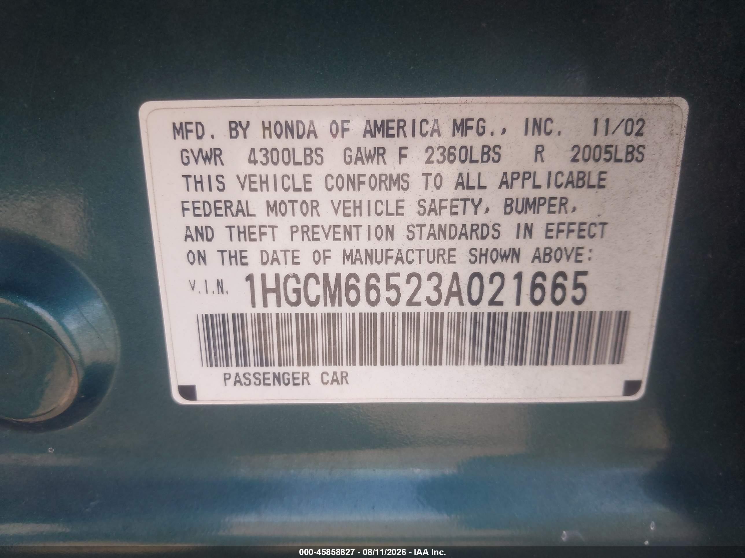 2003 Honda Accord 3.0 Ex Зеленый vin: 1HGCM66523A021665