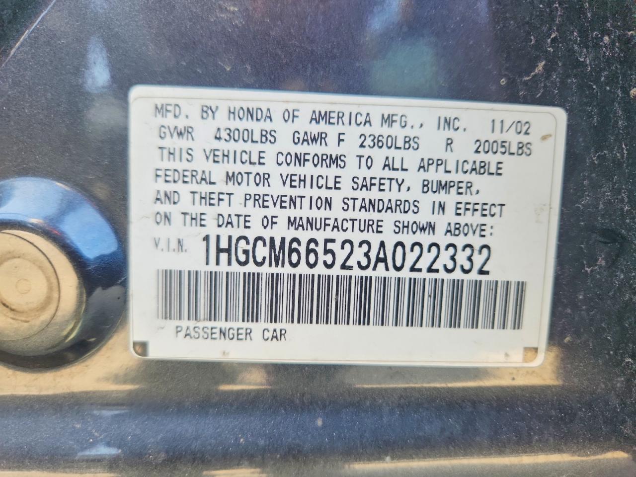 2003 Honda Accord Ex Серый vin: 1HGCM66523A022332