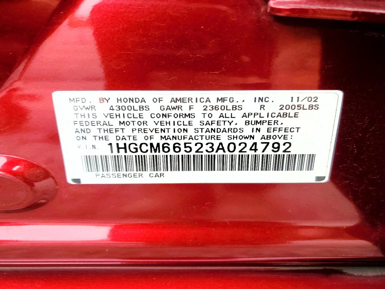 2003 Honda Accord Ex Red vin: 1HGCM66523A024792