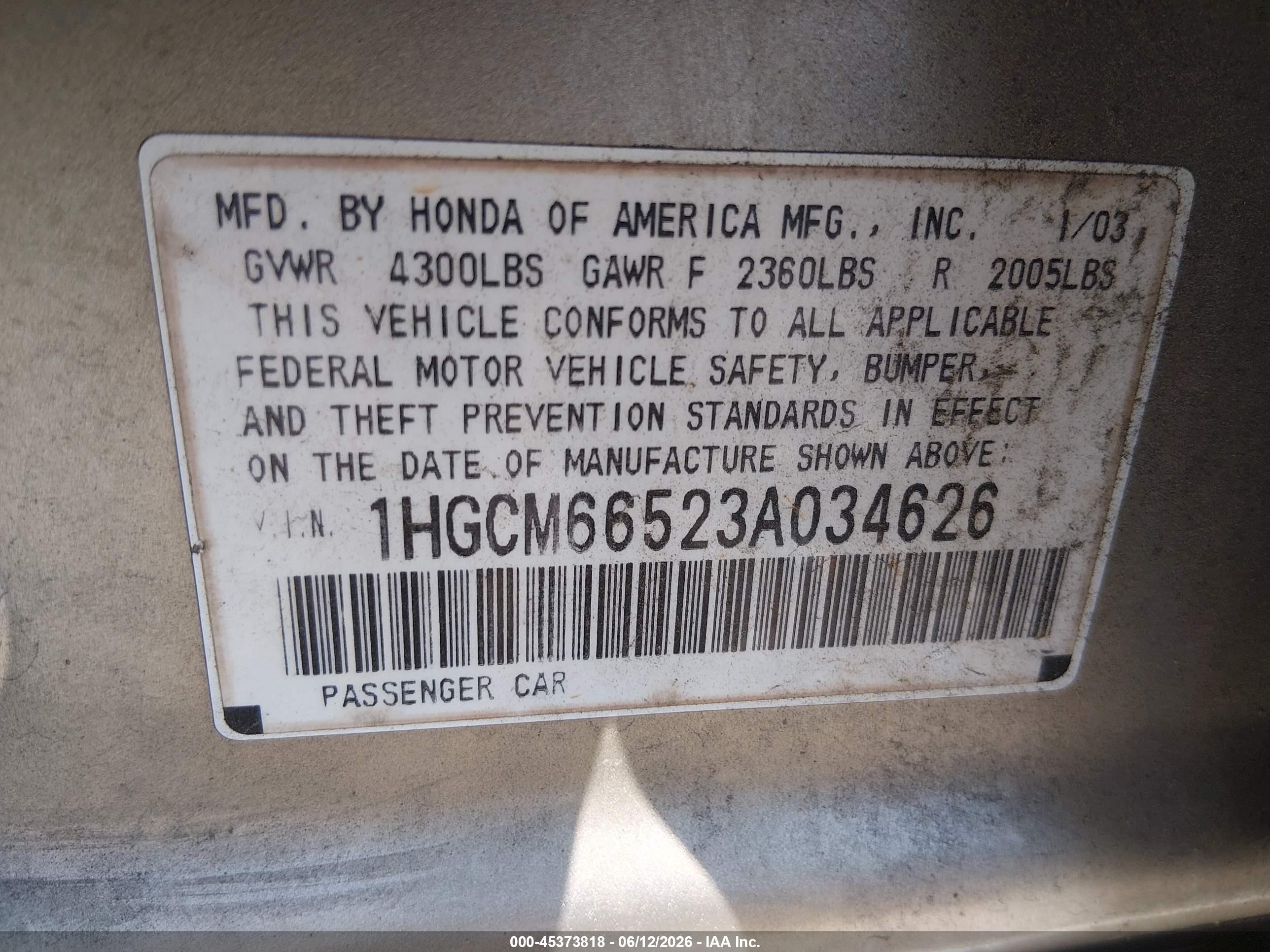 2003 Honda Accord 3.0 Ex Brown vin: 1HGCM66523A034626