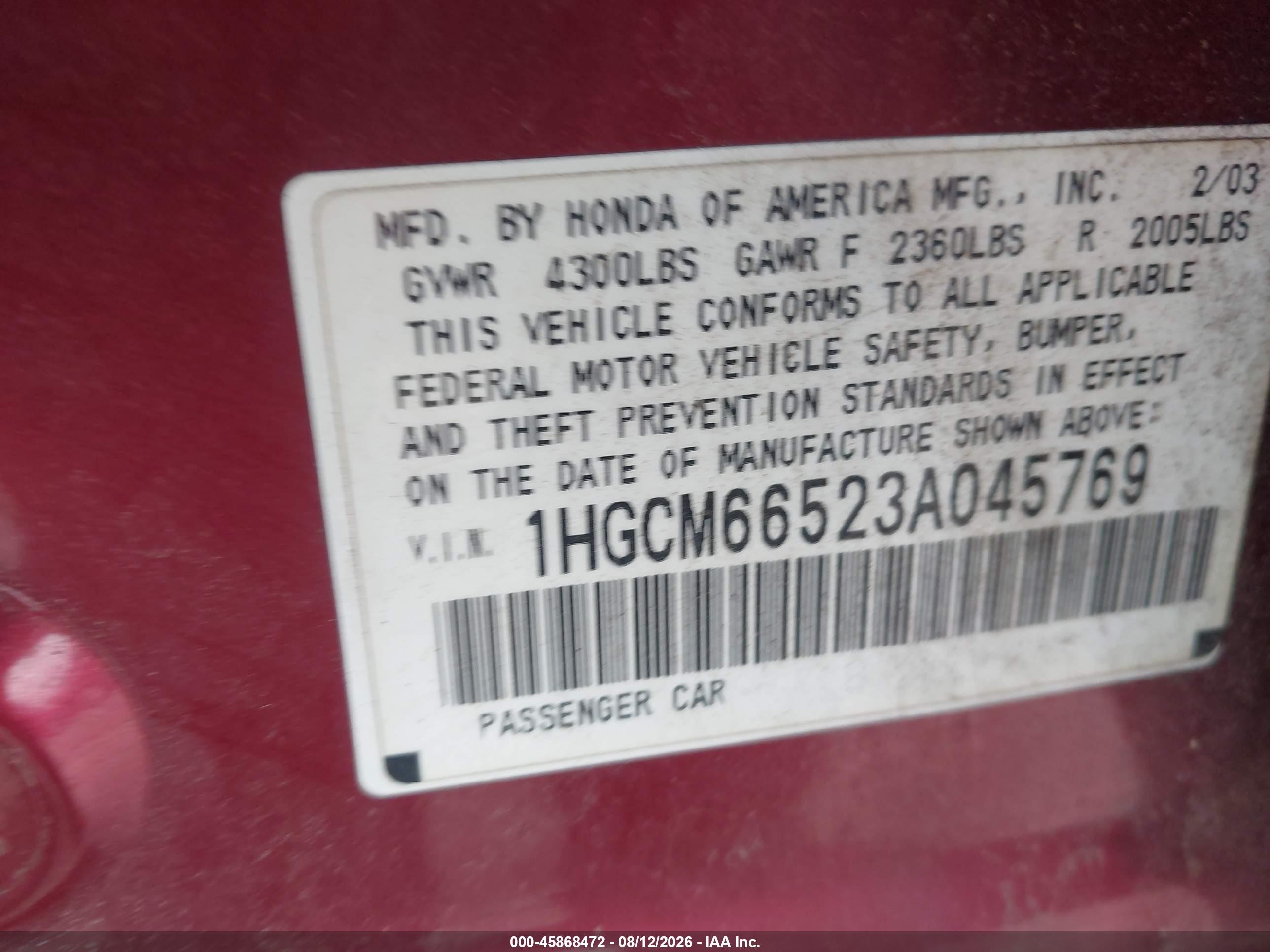 2003 Honda Accord 3.0 Ex Red vin: 1HGCM66523A045769