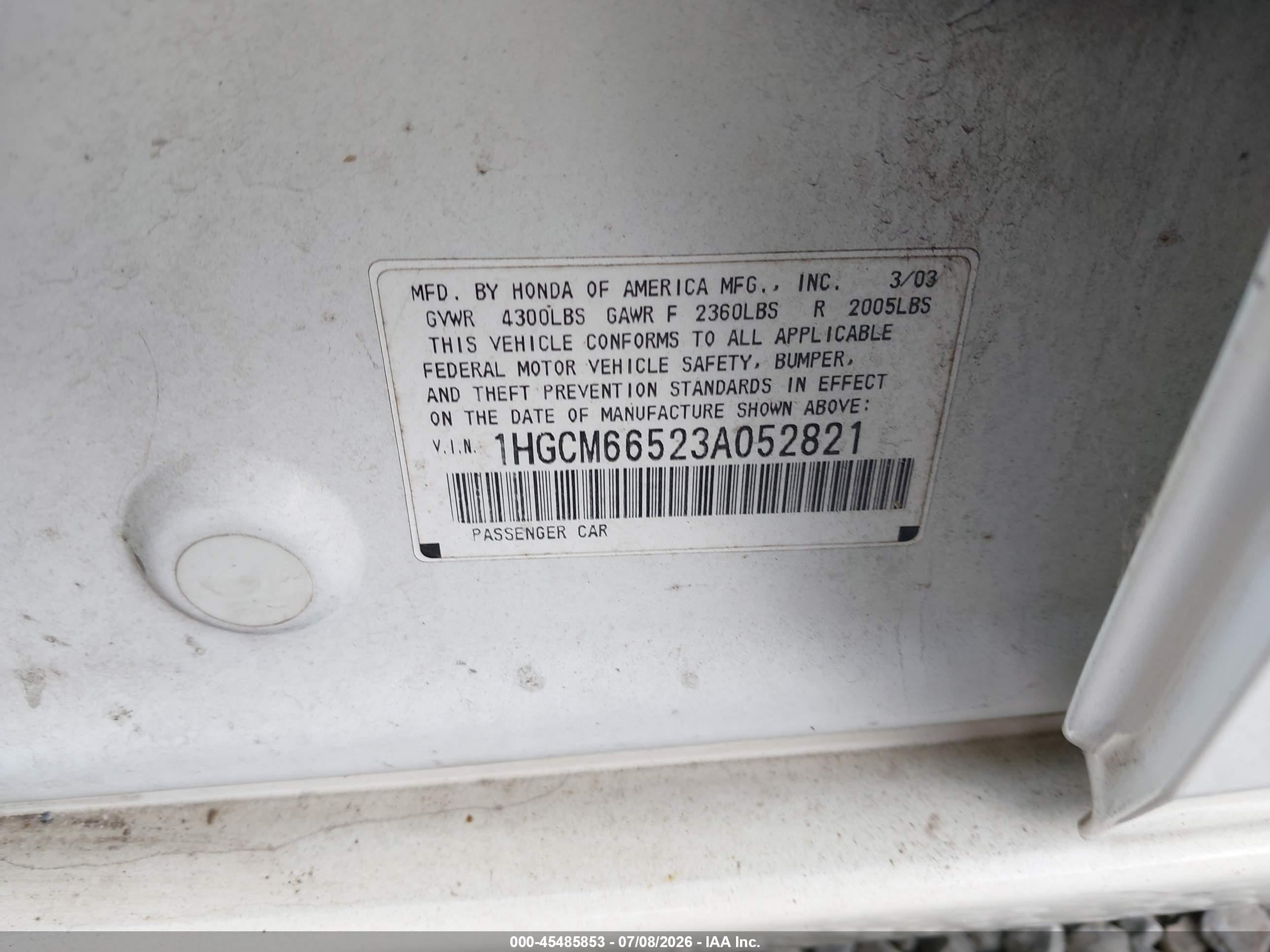 2003 Honda Accord Sdn Ex White vin: 1HGCM66523A052821