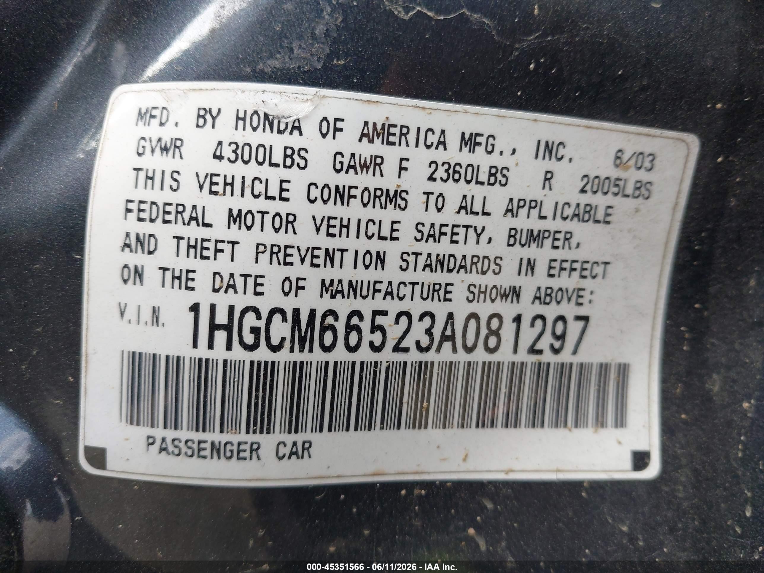 2003 Honda Accord 3.0 Ex Gray vin: 1HGCM66523A081297