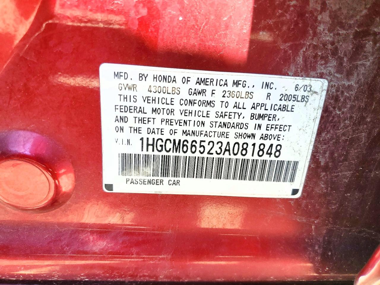 2003 Honda Accord Ex Red vin: 1HGCM66523A081848
