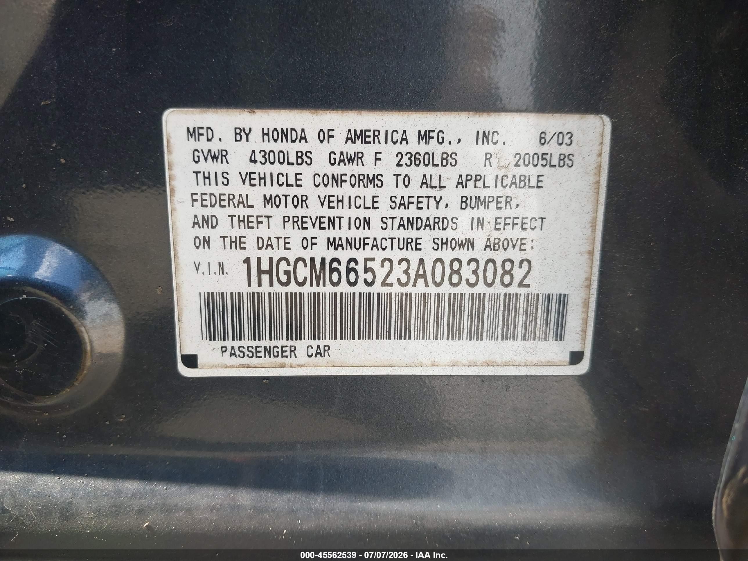 2003 Honda Accord Sdn Ex Black vin: 1HGCM66523A083082