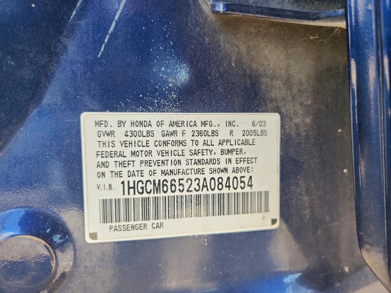 2003 Honda Accord Ex Blue vin: 1HGCM66523A084054