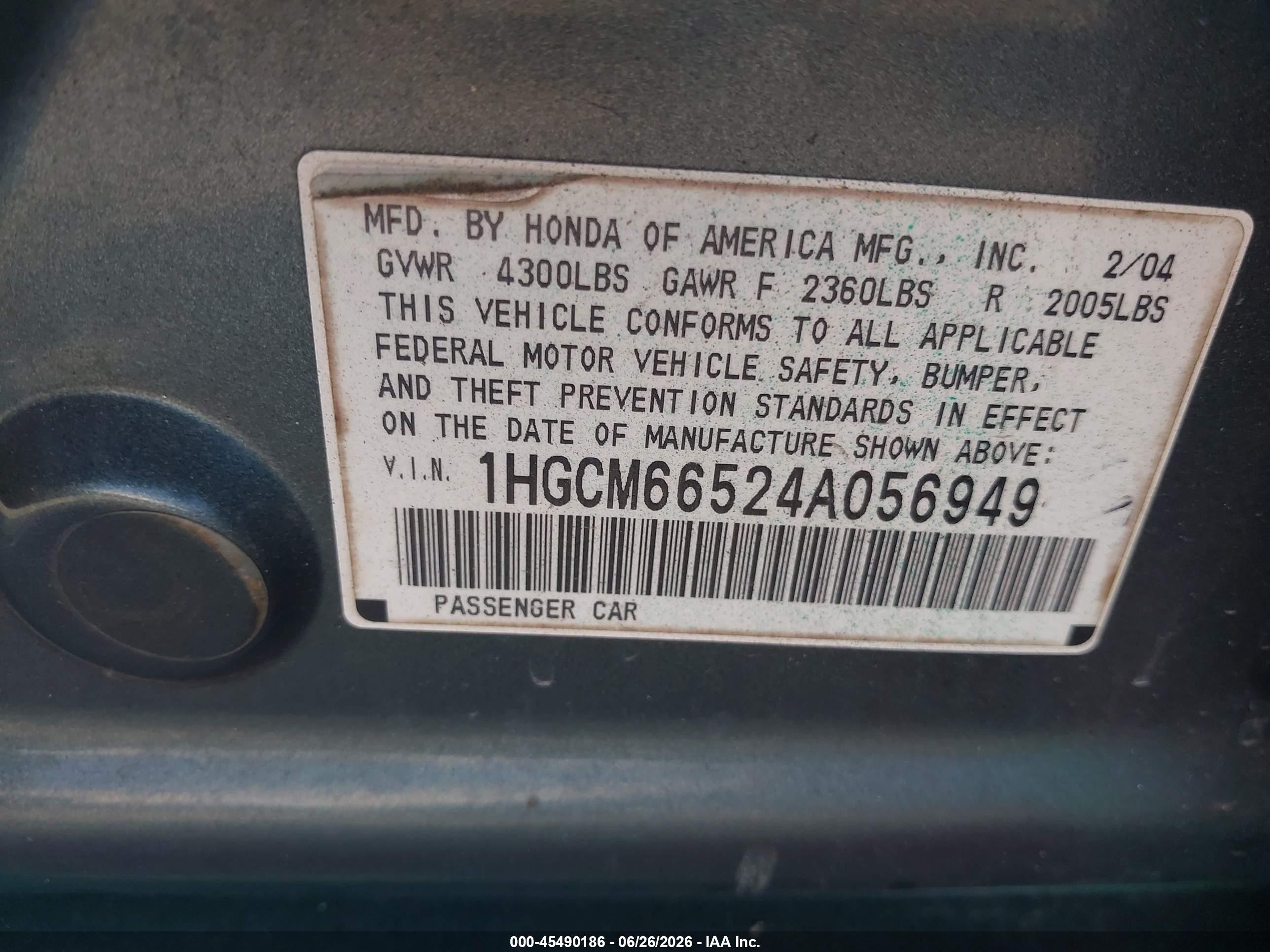 2004 Honda Accord 3.0 Ex Green vin: 1HGCM66524A056949