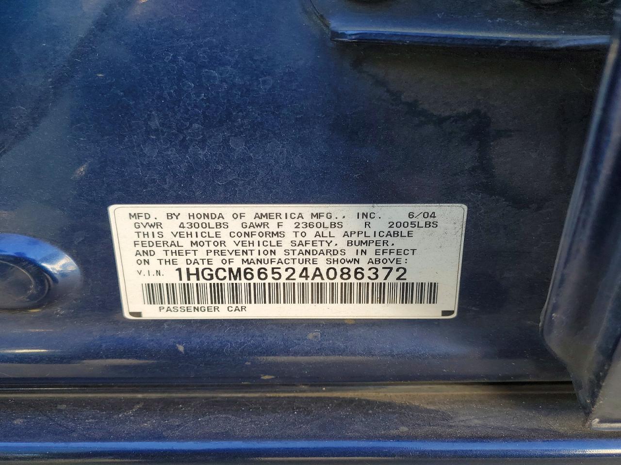2004 Honda Accord Ex Blue vin: 1HGCM66524A086372