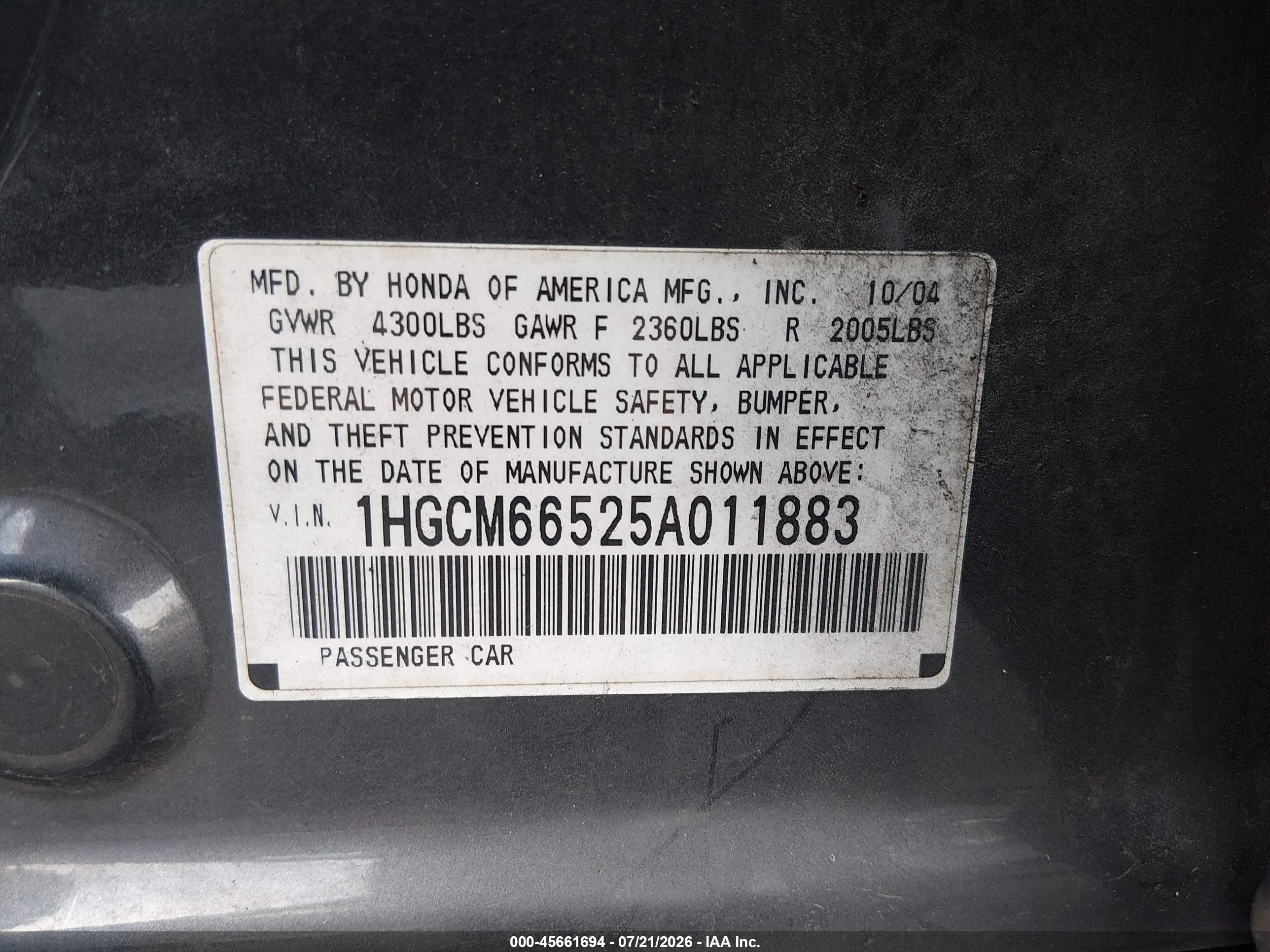 2005 Honda Accord 3.0 Ex Серый vin: 1HGCM66525A011883