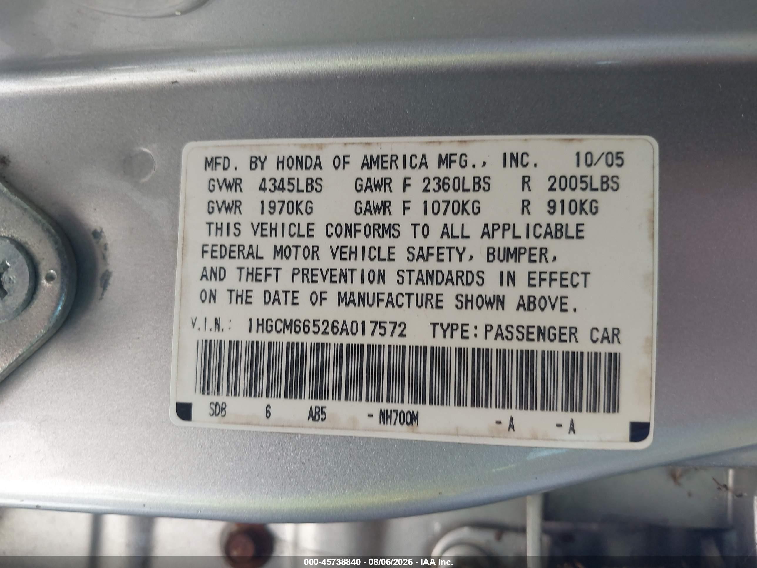 2006 Honda Accord 3.0 Ex Silver vin: 1HGCM66526A017572