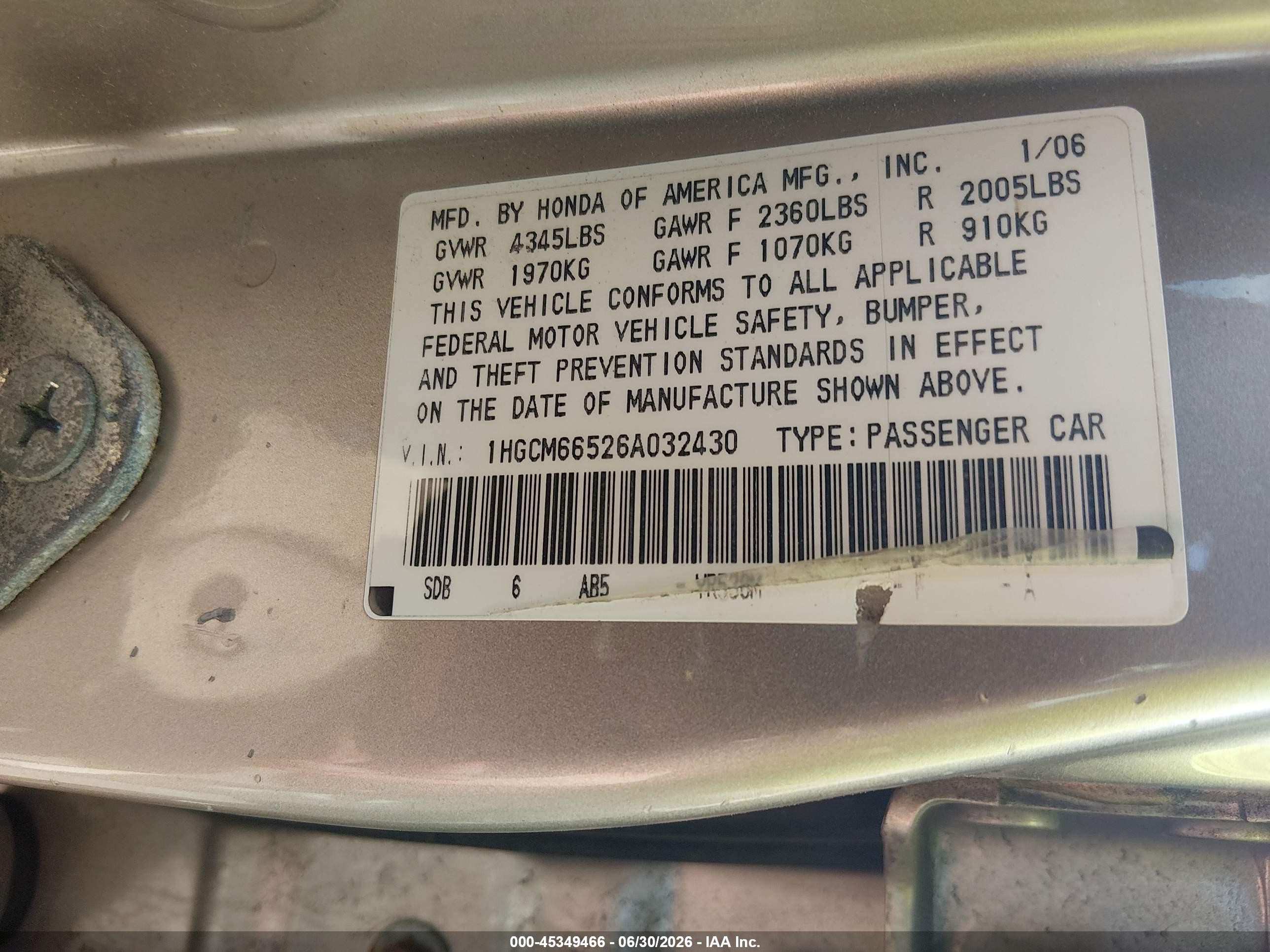 2006 Honda Accord 3.0 Ex Gold vin: 1HGCM66526A032430