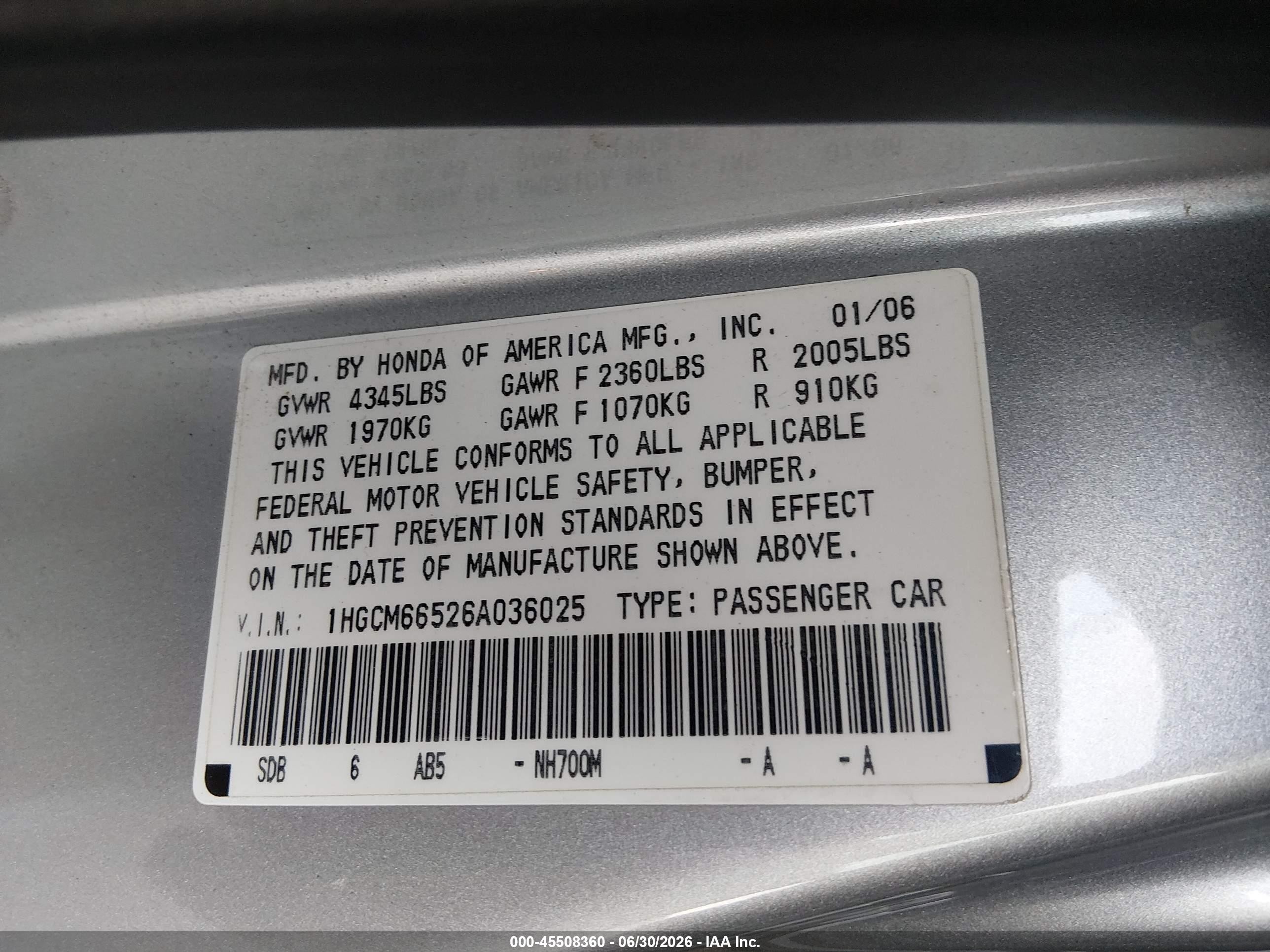 2006 Honda Accord 3.0 Ex Silver vin: 1HGCM66526A036025