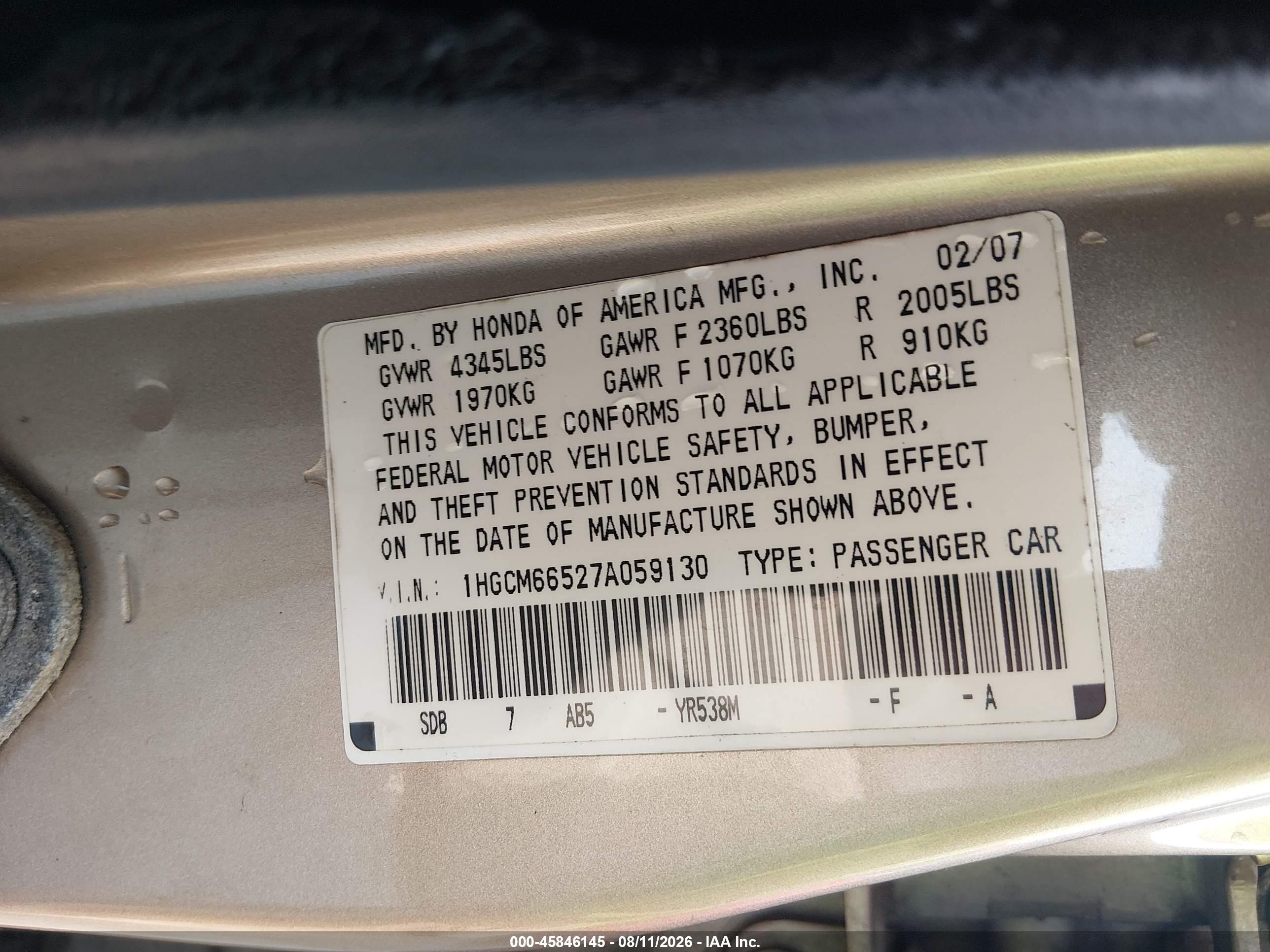 2007 Honda Accord 3.0 Ex Gold vin: 1HGCM66527A059130
